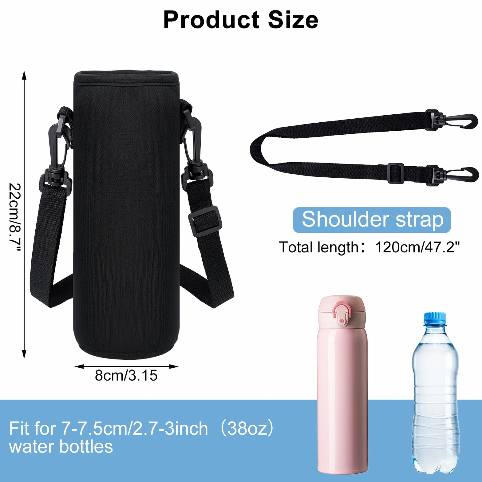 Neopren Wasserflaschenhülle 1L mit Gurt Thermohalter für Edelstahl und Plastikflaschen Schwarz