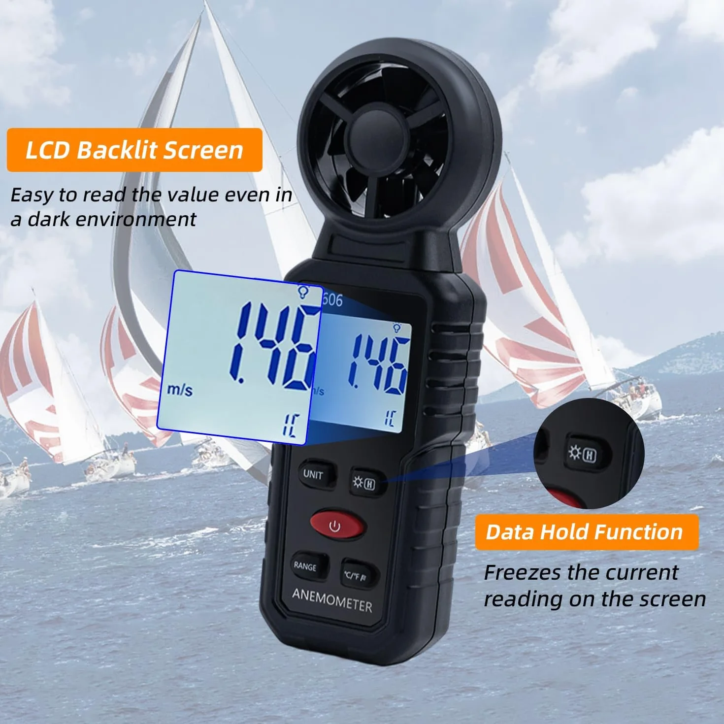 Mcbazel 3 w 1 Cyfrowy Anemometr z wyświetlaczem LCD, miernik prędkości wiatru Tester prędkości przepływu powietrza Termometr zewnętrzny Drony, Polowanie, wędkowanie