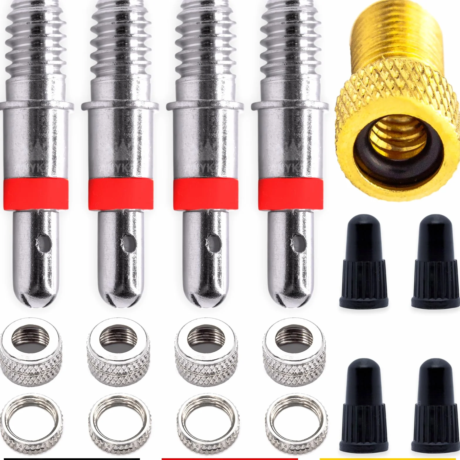 Kompletny zestaw 17-częściowy zamiennik zaworu rowerowego: 4 x zawór rowerowy Dunlop Lightning Valve + adapter AV jako uchwyt pompy powietrza do zaworu samochodowego + nakrętka pokrywy zaworu