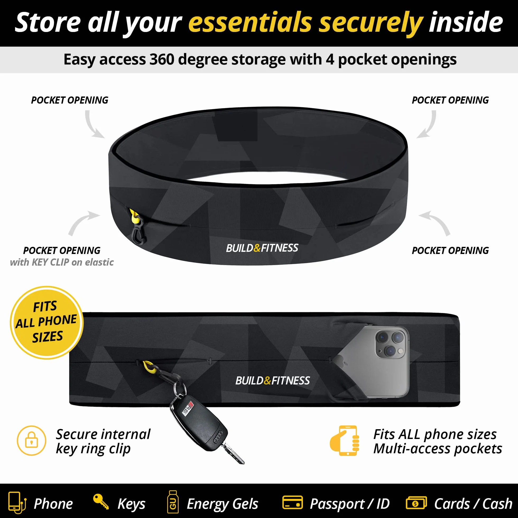 Pasek do biegania Build & Fitness z klapką, uchwyt na telefon, klips na klucze