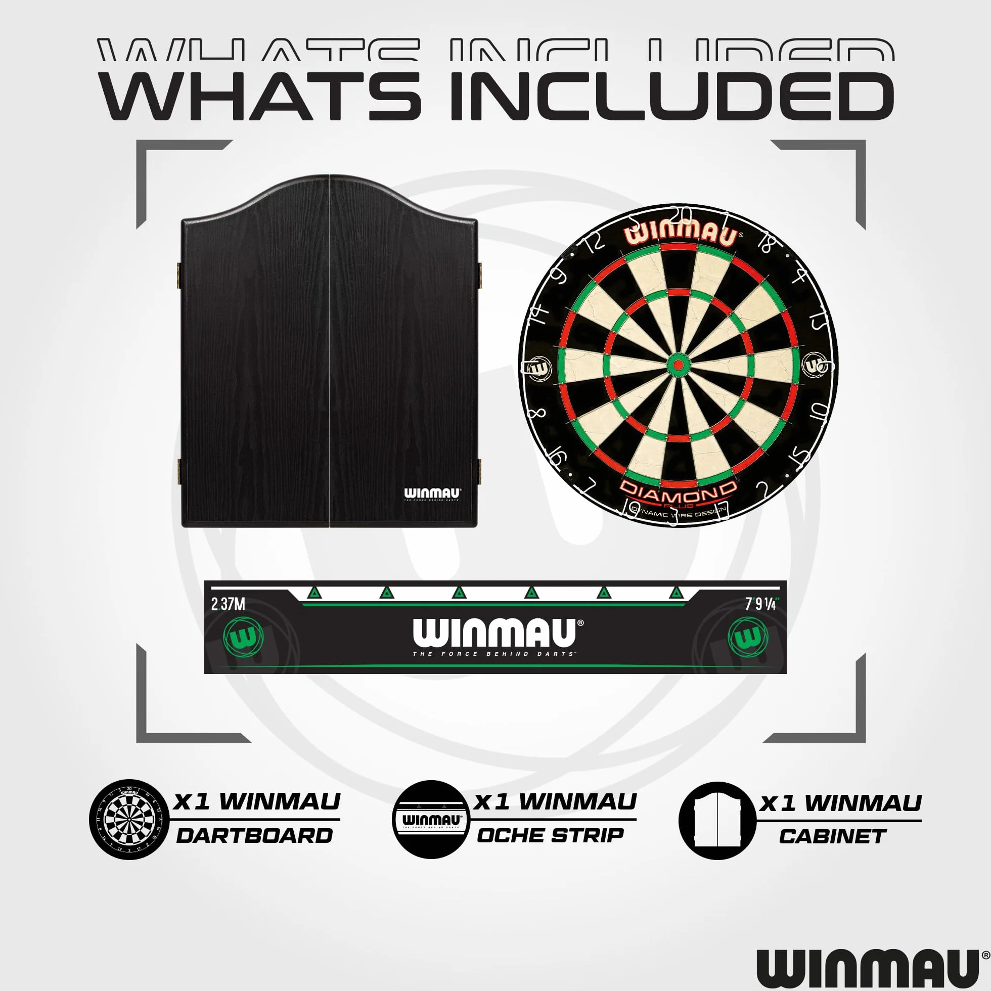 WINMAU Profesjonalny zestaw rzutek zawiera tarczę do darta Diamond Plus Bristle - czarna szafka - 2 zestawy rzutek - oficjalna linia Oche