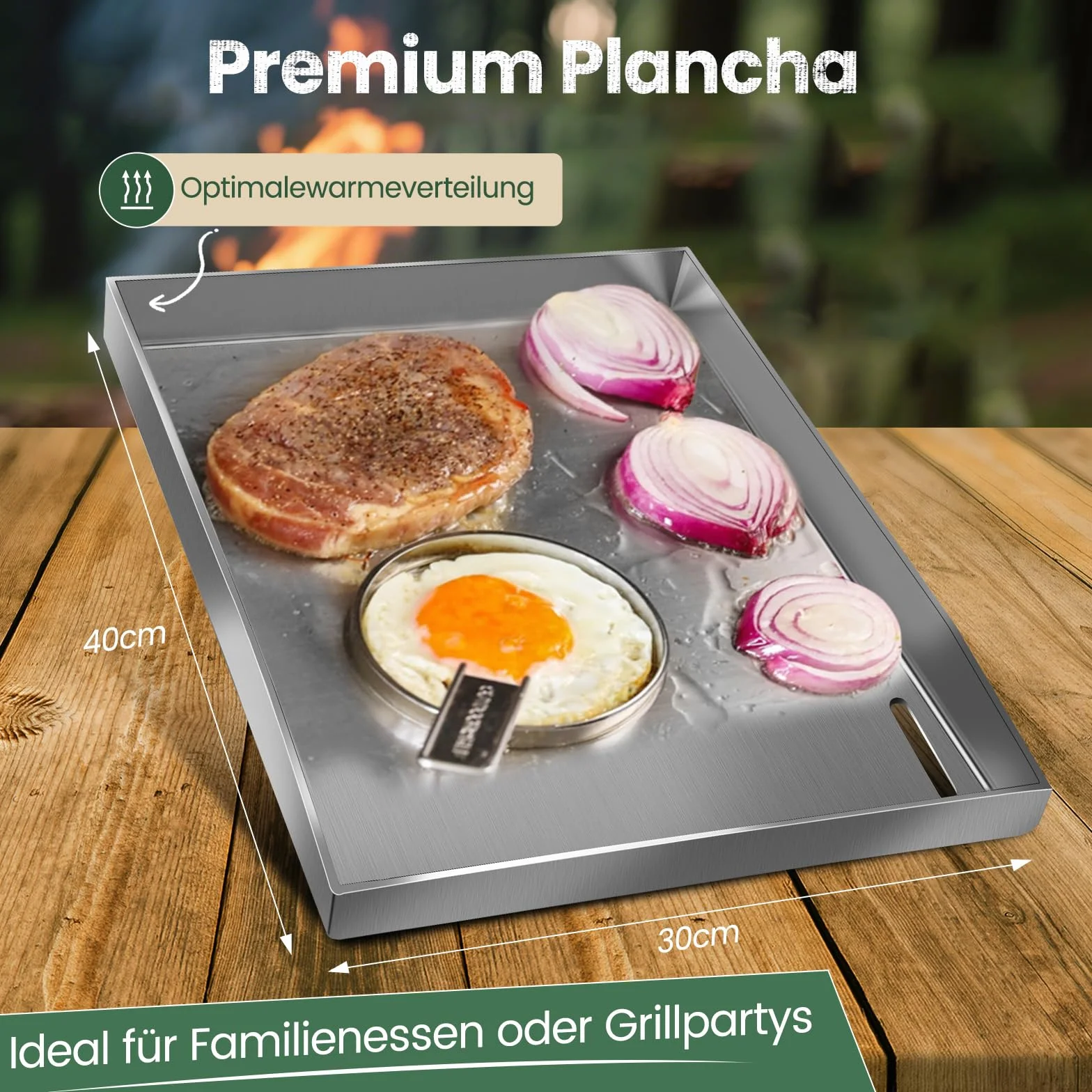 Premium Plancha zestaw ze szpachelką do grilla, 30 x 40 cm, uniwersalna płyta grillowa ze stali nierdzewnej do grilla gazowego i węglowego, płyta grillowa ze stali nierdzewnej 4 mm
