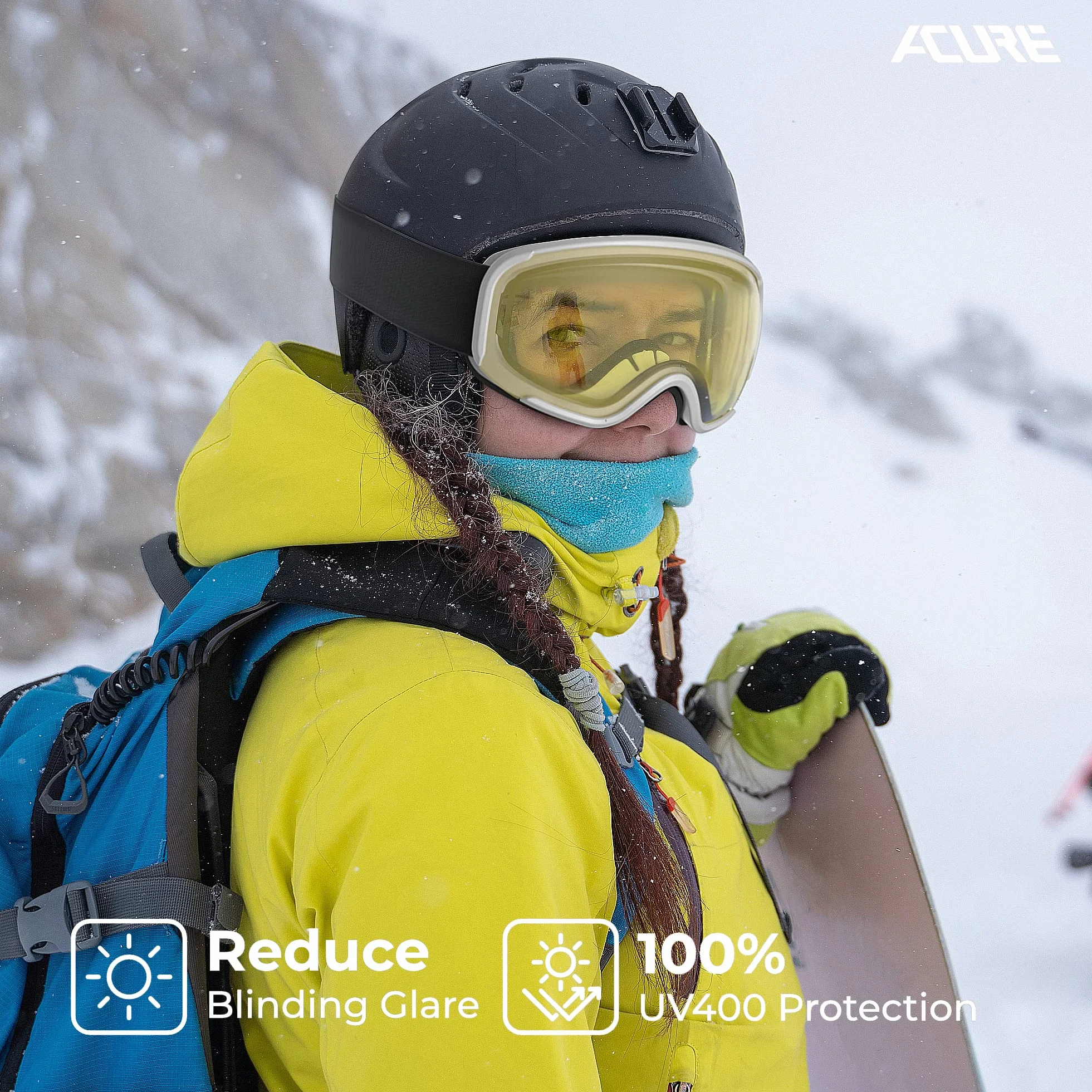 ACURE SG02 Okulary narciarskie, gogle do jazdy na nartach i desce snowboardowej OTG, bez oprawek, podwójne soczewki z ochroną przeciwmgielną i UV400 dla mężczyzn, kobiet i młodzieży