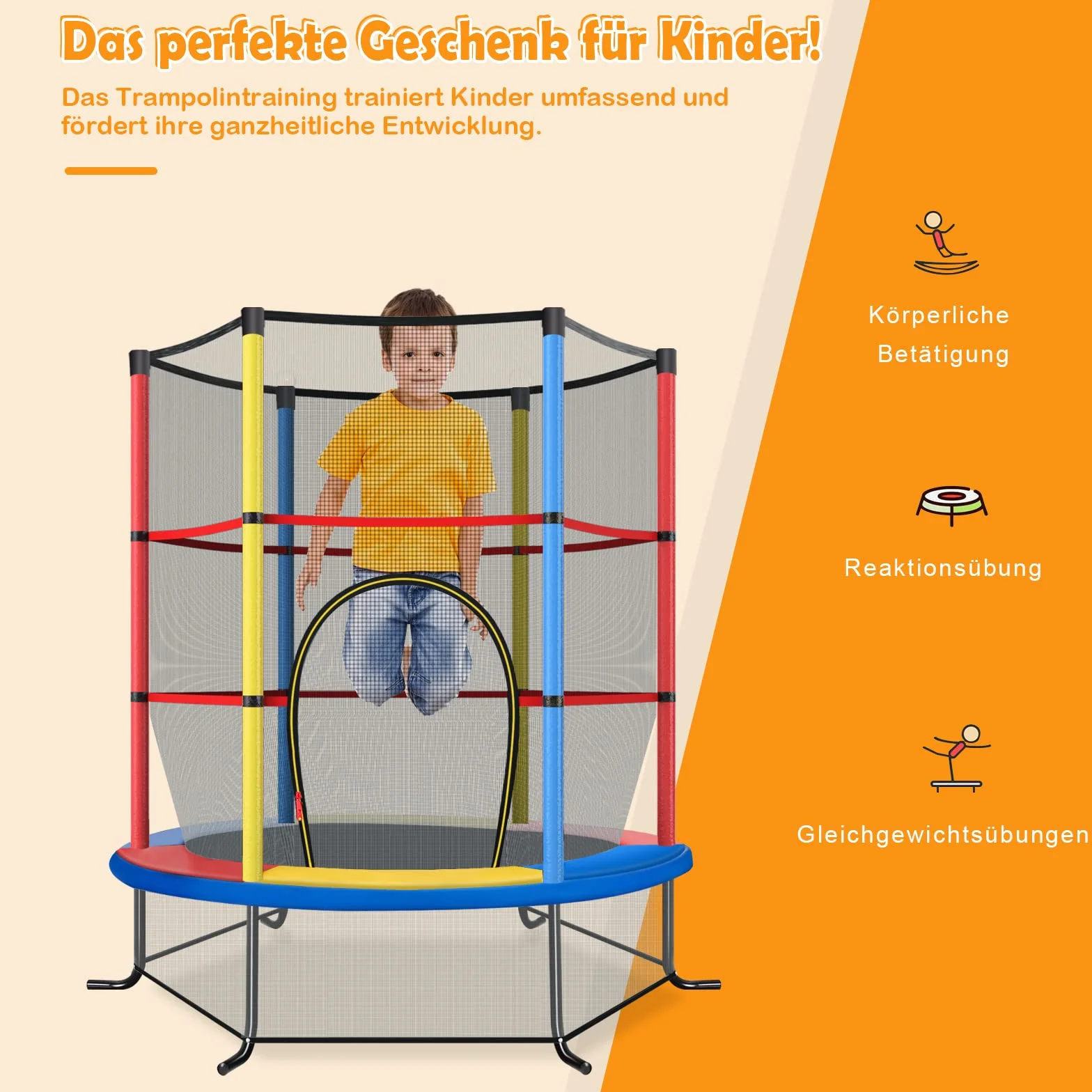 COSTWAY Trampolina ogrodowa o średnicy 165 cm z siatką zabezpieczającą, obciążenie do 135 kg, trampolina do użytku wewnątrz i na zewnątrz, dla dzieci od 3 lat