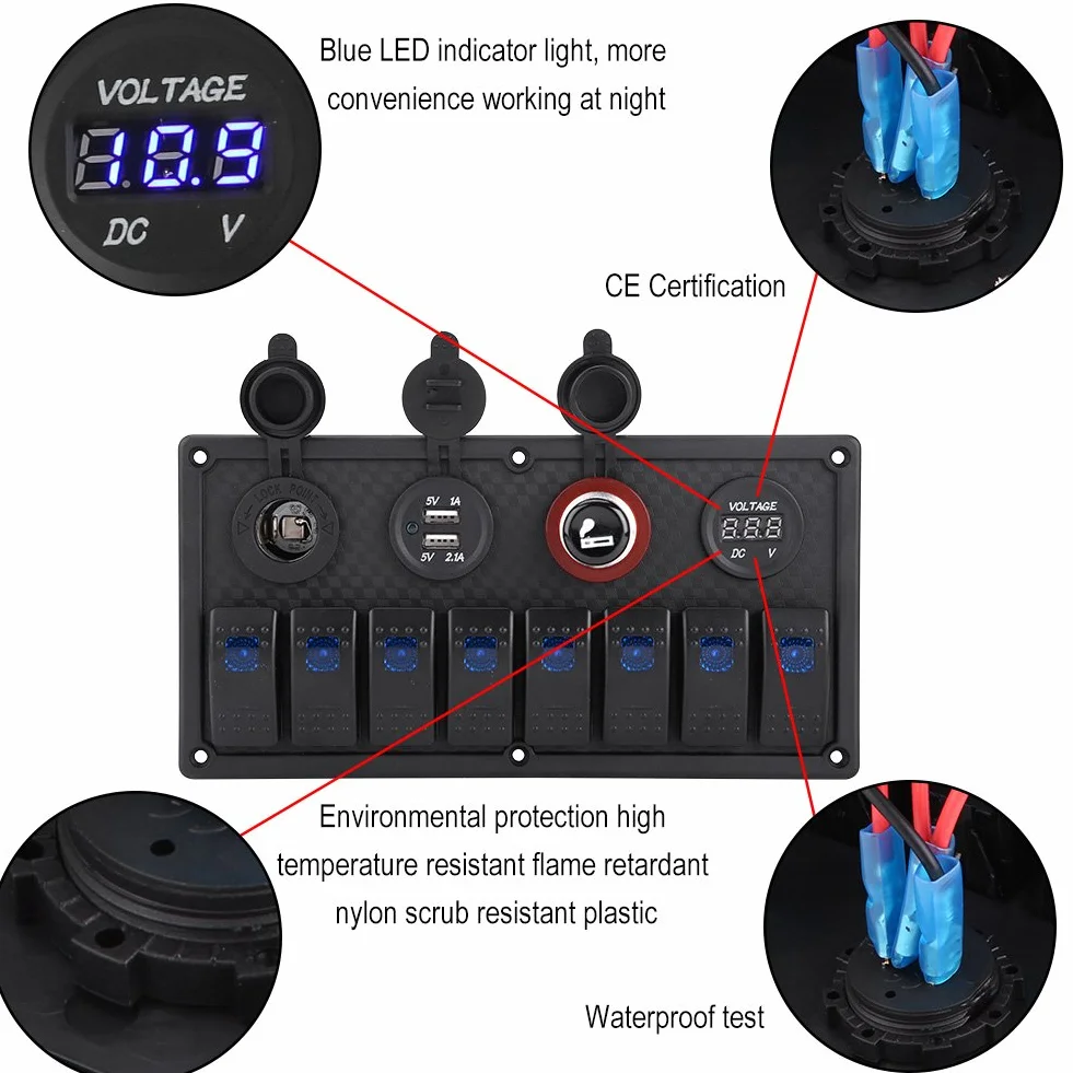 KIMISS 8-gangowy panel przełączników LED 12V/24V z woltomierzem, dual USB i gniazdem zapalniczki