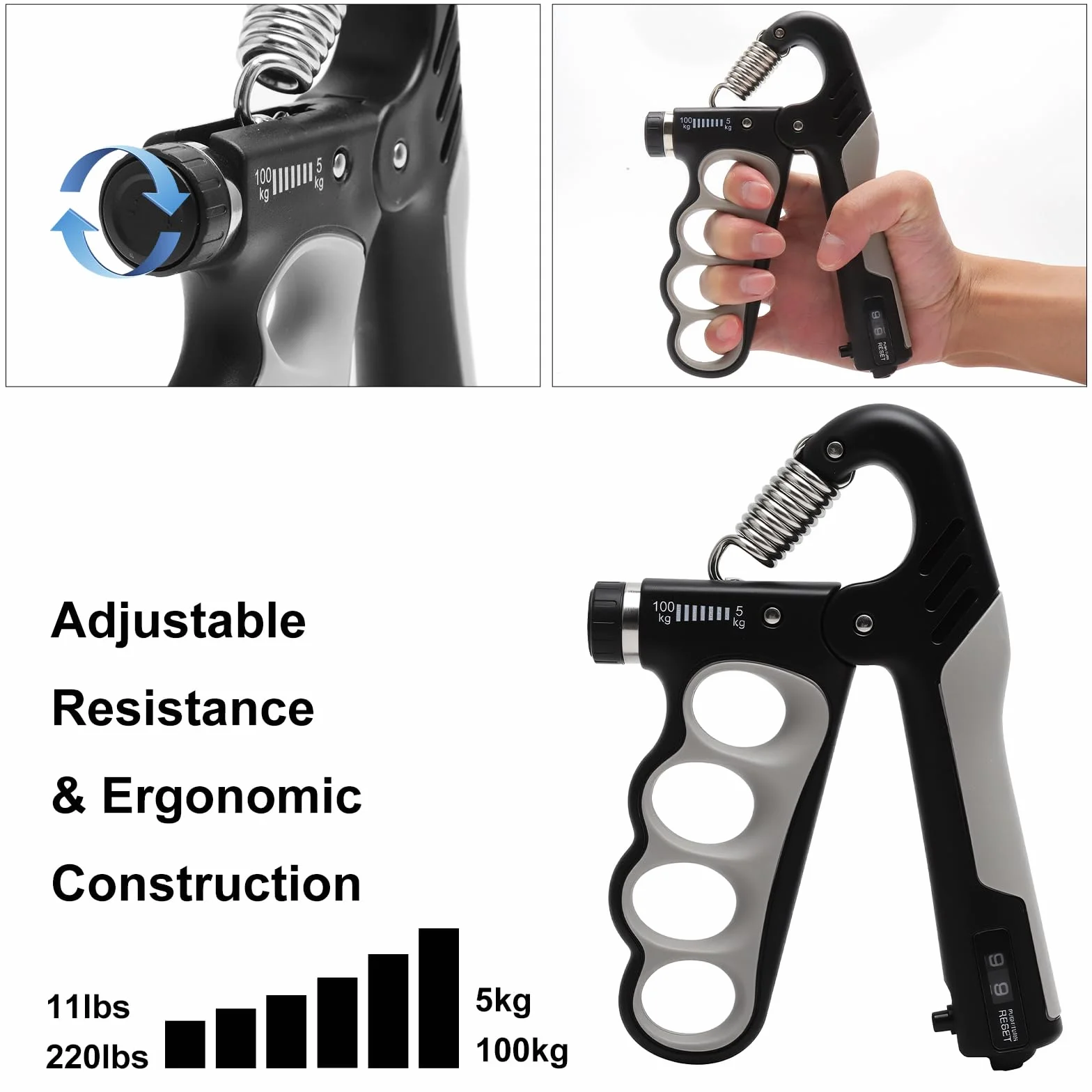 Regulowany Grip Trainer Handgripper 5-100 kg z Elektronicznym Licznikiem, Ergonomiczny Trener Siły Chwytu