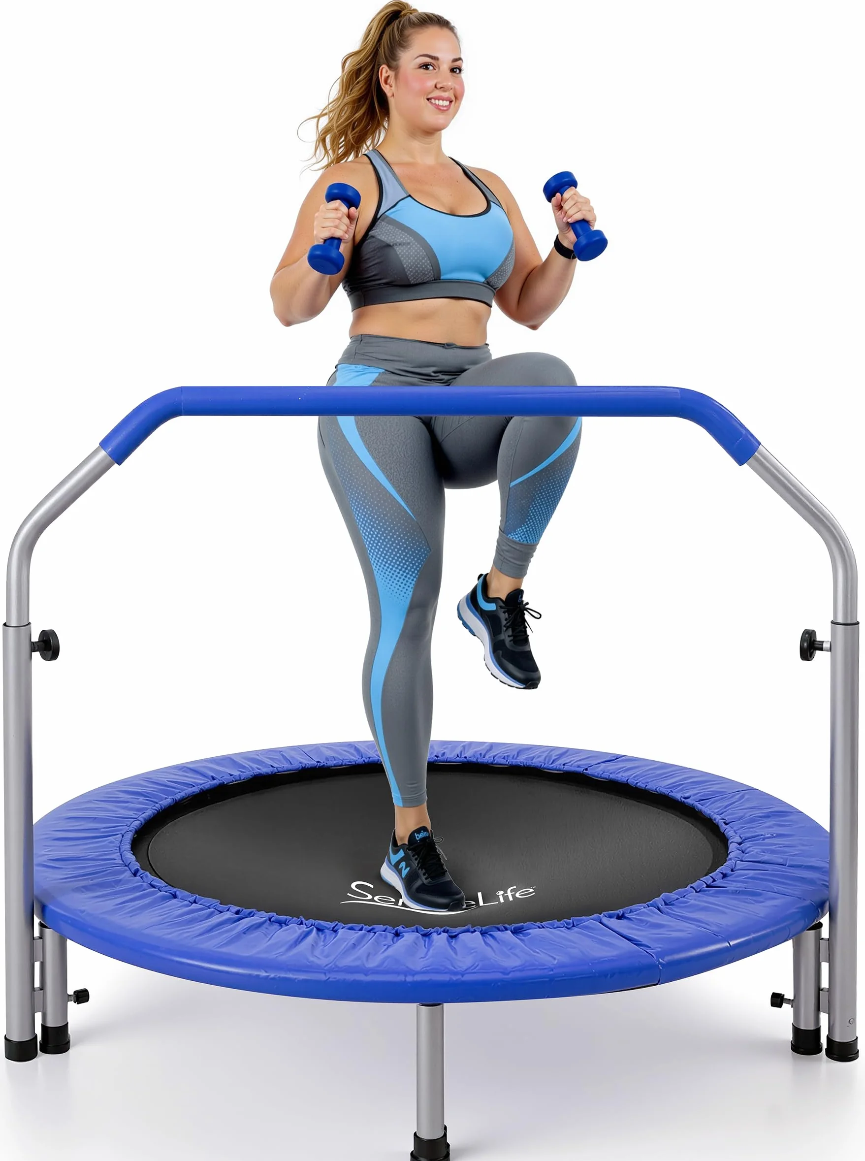 SereneLife Przenośna i składana trampolina – 100 cm mini rebounder w domu z regulowaną poręczą, do ćwiczeń fitness