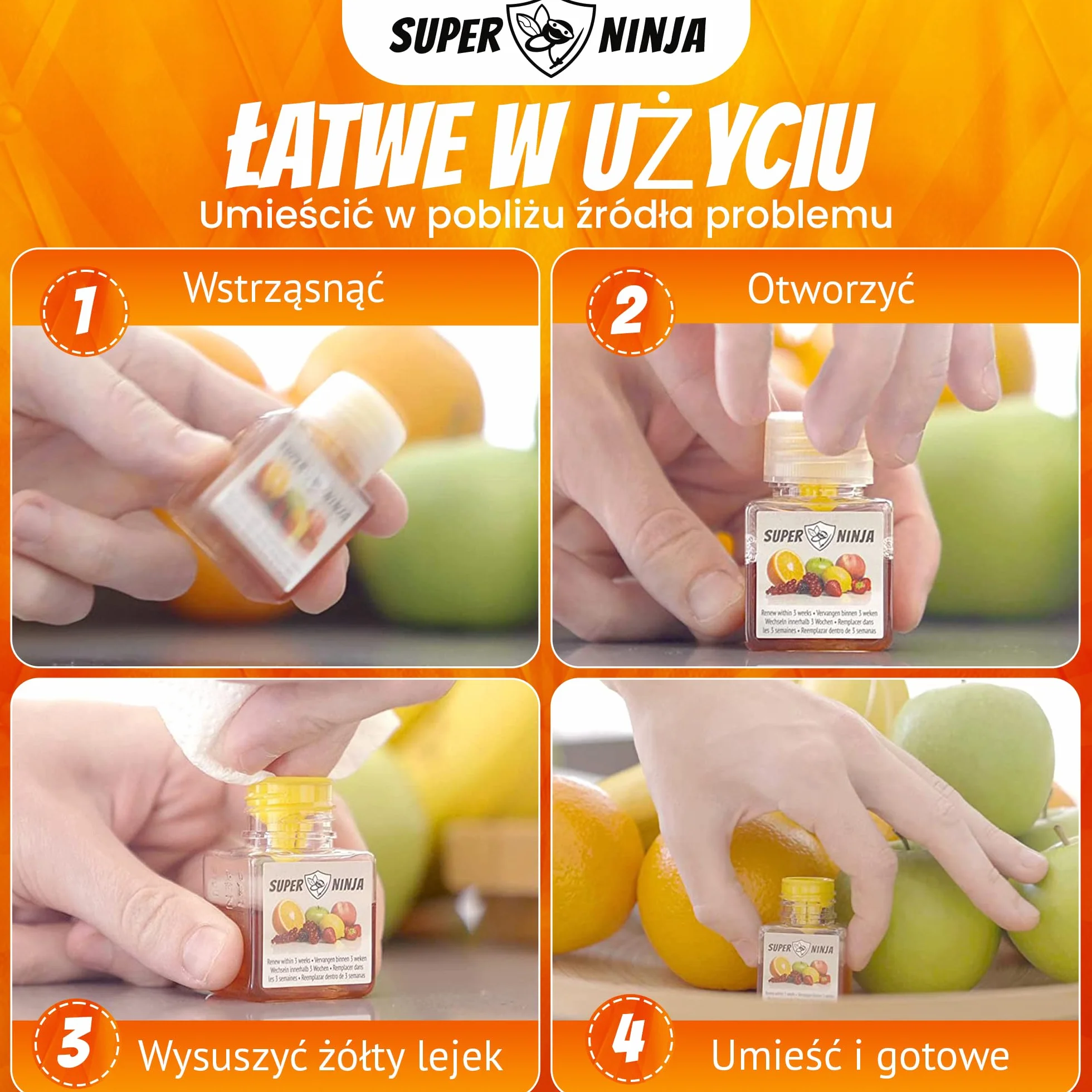 Super Ninja Pułapka na muchy owocowe - Ekologiczne i skuteczne pułapki na muchy owocowe do użytku wewnątrz pomieszczeń - Przyjazne dla środowiska - Do 3 tygodni na butelkę (4 Szt)
