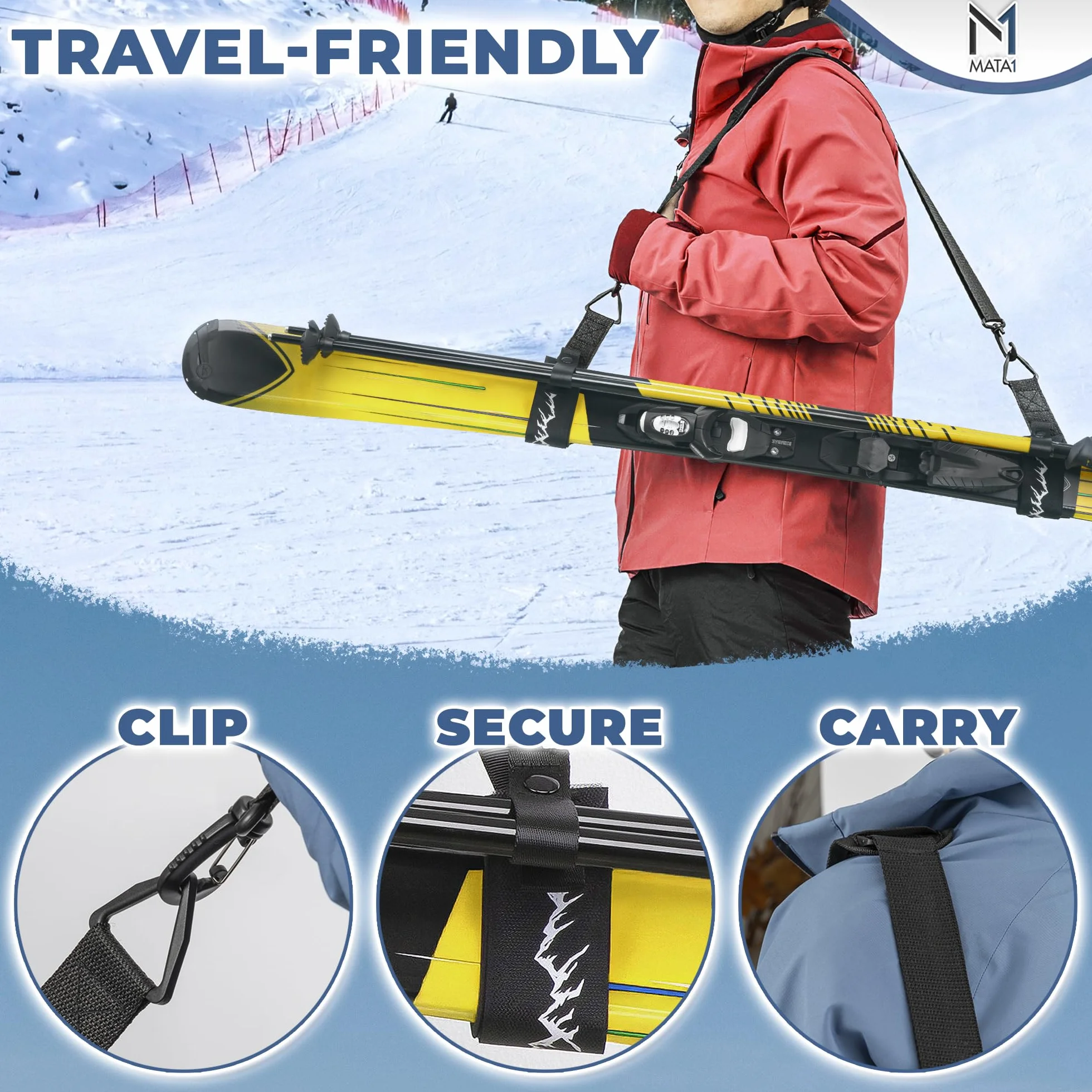 Ski Strap and Pole Carrier – Black – Adjustable shoulder strap for easy carrying of skis and poles