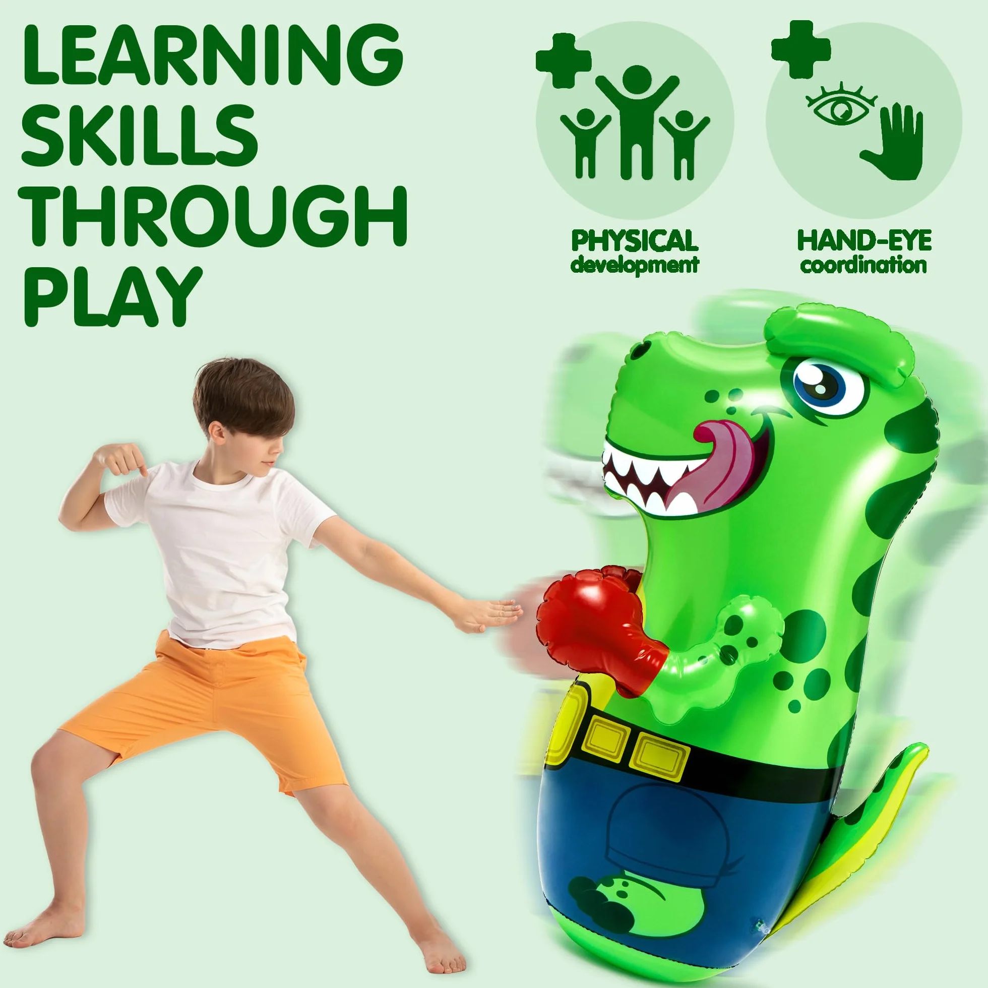 JOYIN Dmuchany worek bokserski dla dzieci i dorosłych, T-Rex dinozaur Bopper 47 cali, wolnostojąca zabawka bokserska fitness, worek bokserski dla dzieci z akcją Bounce-Back