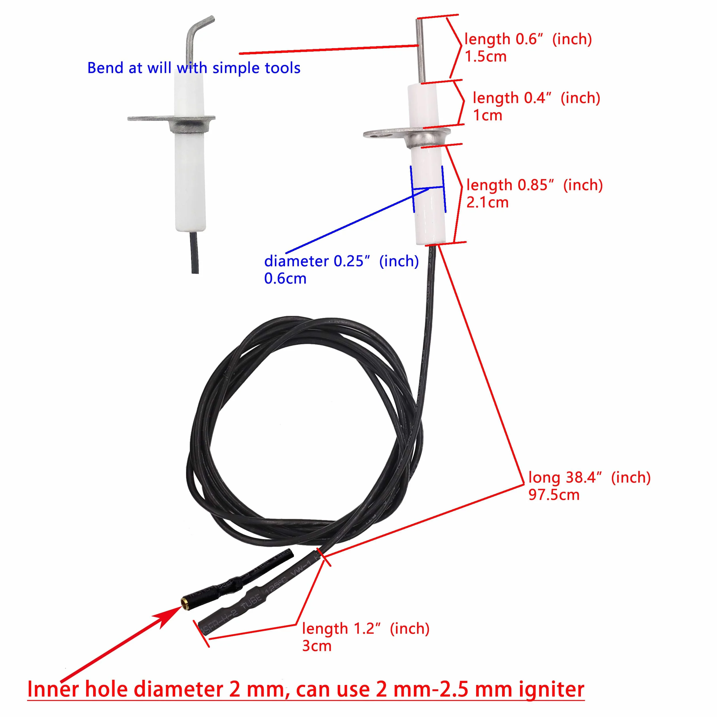 METER STAR 2 szt. 96,5 cm zamiennik zespołu drutu zapłonowego i elektrody ceramicznej, elektroda zapłonowa może samodzielnie zginać do palnika gazowego, ceramiczna świeca zapłonowa, zamiennik