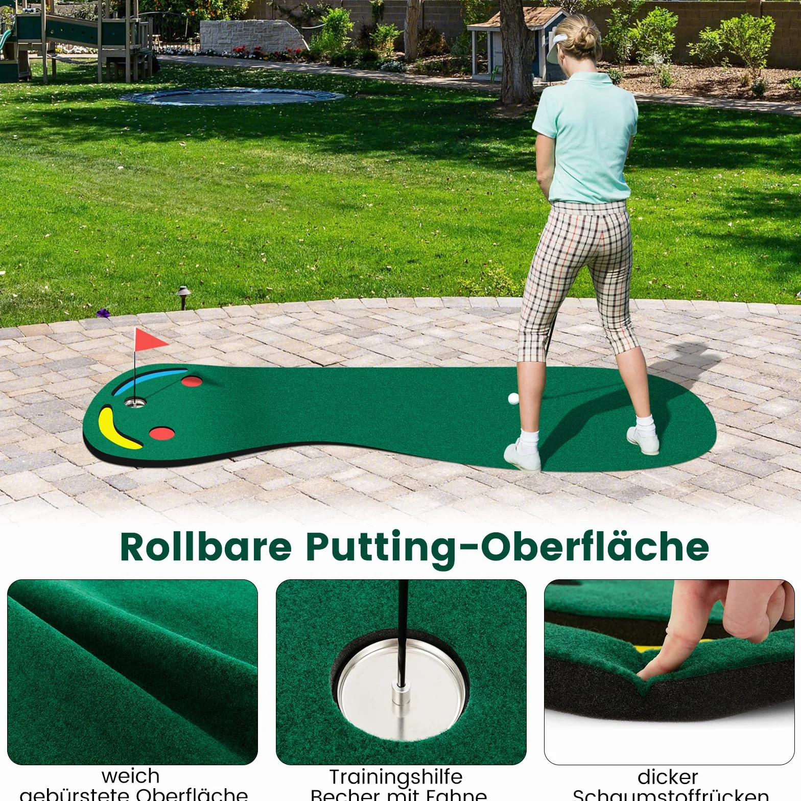 COSTWAY Mata do gry w golfa 300 x 96 cm składana z 3 miseczkami i 1 flagą zielona treningowa