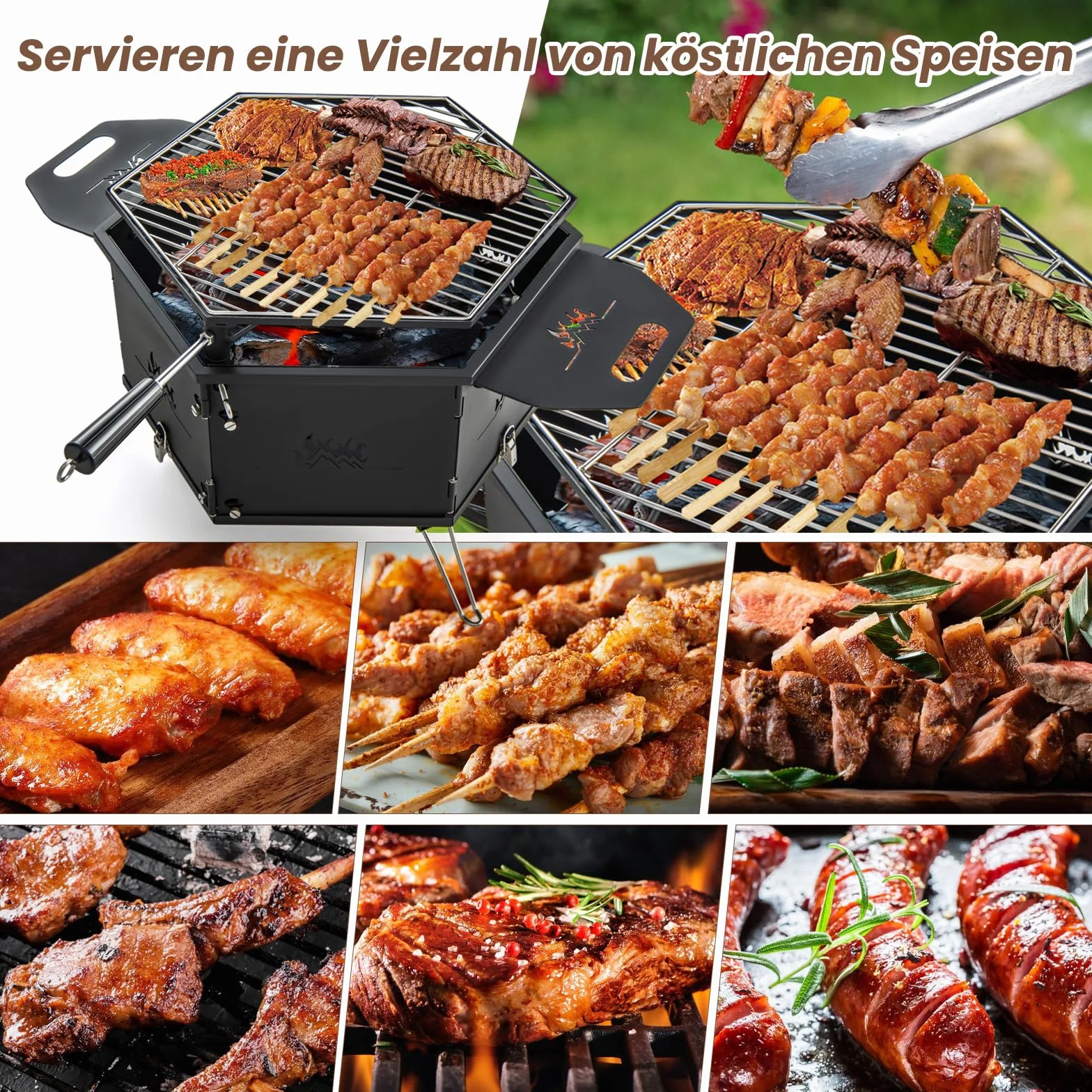 COSTWAY Duży grill na węgiel drzewny, obracany o 360°, palenisko 2 w 1, składany grill, grill kempingowy z uchwytami do gotowania i ogrzewania, na imprezy, kemping, wędrówki z plecakiem, 77 x 74 x 38