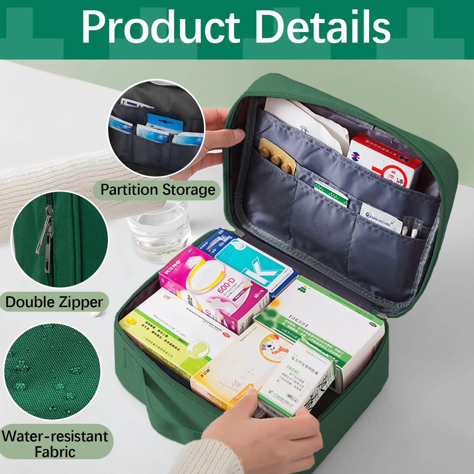 WuGU torba na lekarstwa, 2 szt.przenośna torba na lekarstwa, pusta torba pierwszej pomocy z 2 pudełkami na tabletki, torba do przechowywania leków, do szkoły, na podróż, kemping i wędrówki (zielony)