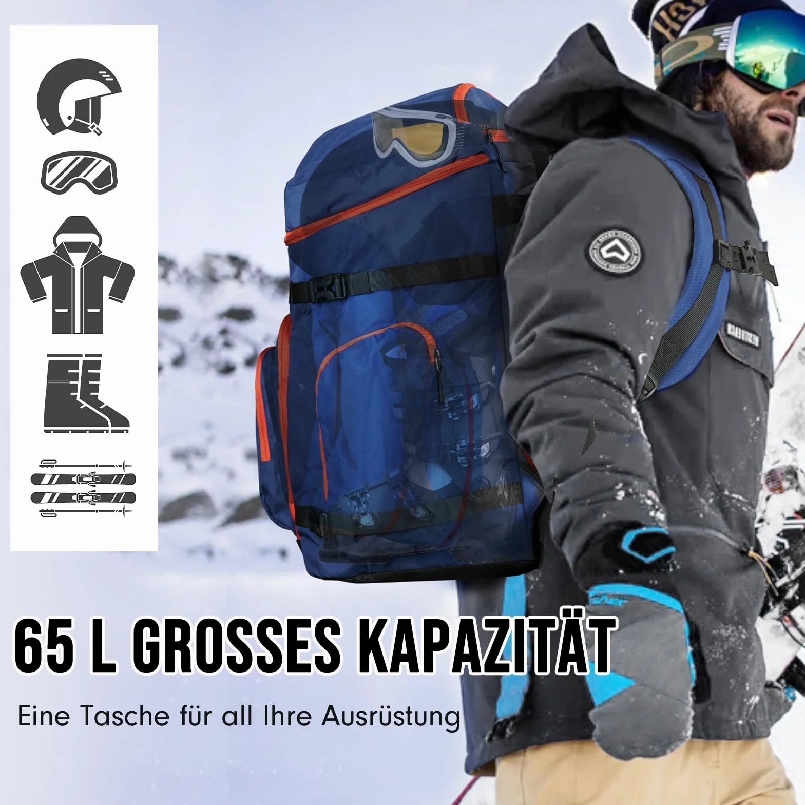 YOREPEK Torba na buty narciarskie 65 l, plecak z 8 kieszeniami, wodoodporne torby na buty narciarskie do podróży samolotem, torba na sprzęt narciarski, plecaki na buty, kask, gogle, rękawiczki