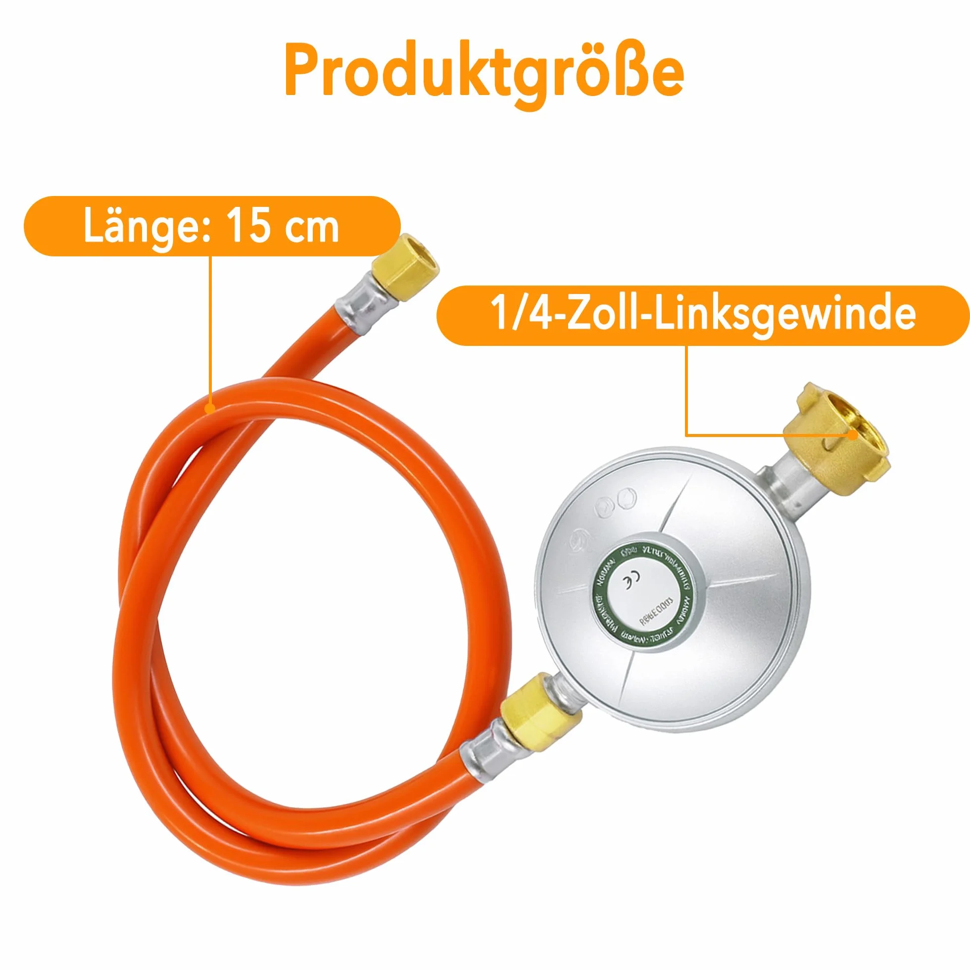Wąż gazowy z reduktorem ciśnienia 50 mbar, zestaw: 150 cm, stop aluminium i miedź, regulator ciśnienia gazu z przyłączem śrubowym 1/4", lewy do grilla gazowego, na kemping, piknik