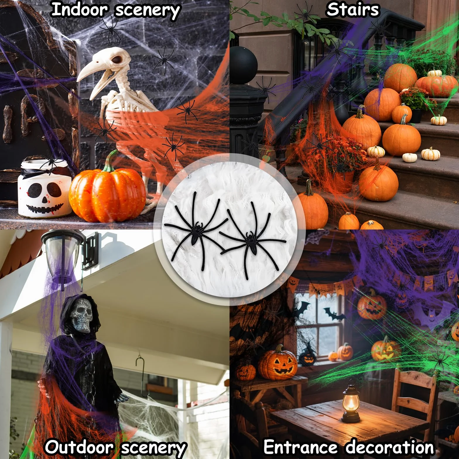 Dekoracyjna pajęczyna na Halloween, 300 g, biała, do użytku na zewnątrz, z 50 czarnymi pająkami z horroru, 1500 m², do użytku wewnątrz pomieszczeń, straszna dekoracja na Halloween, do