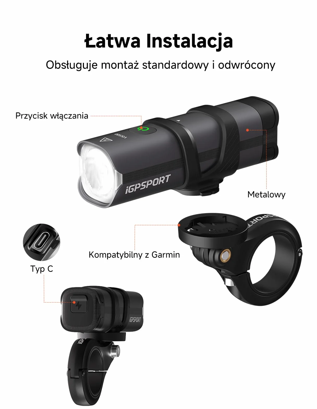 iGPSPORT VS500 Przednie Światła Rowerowe 500 Lumenów, Bateria 3000 mAh, USB-C