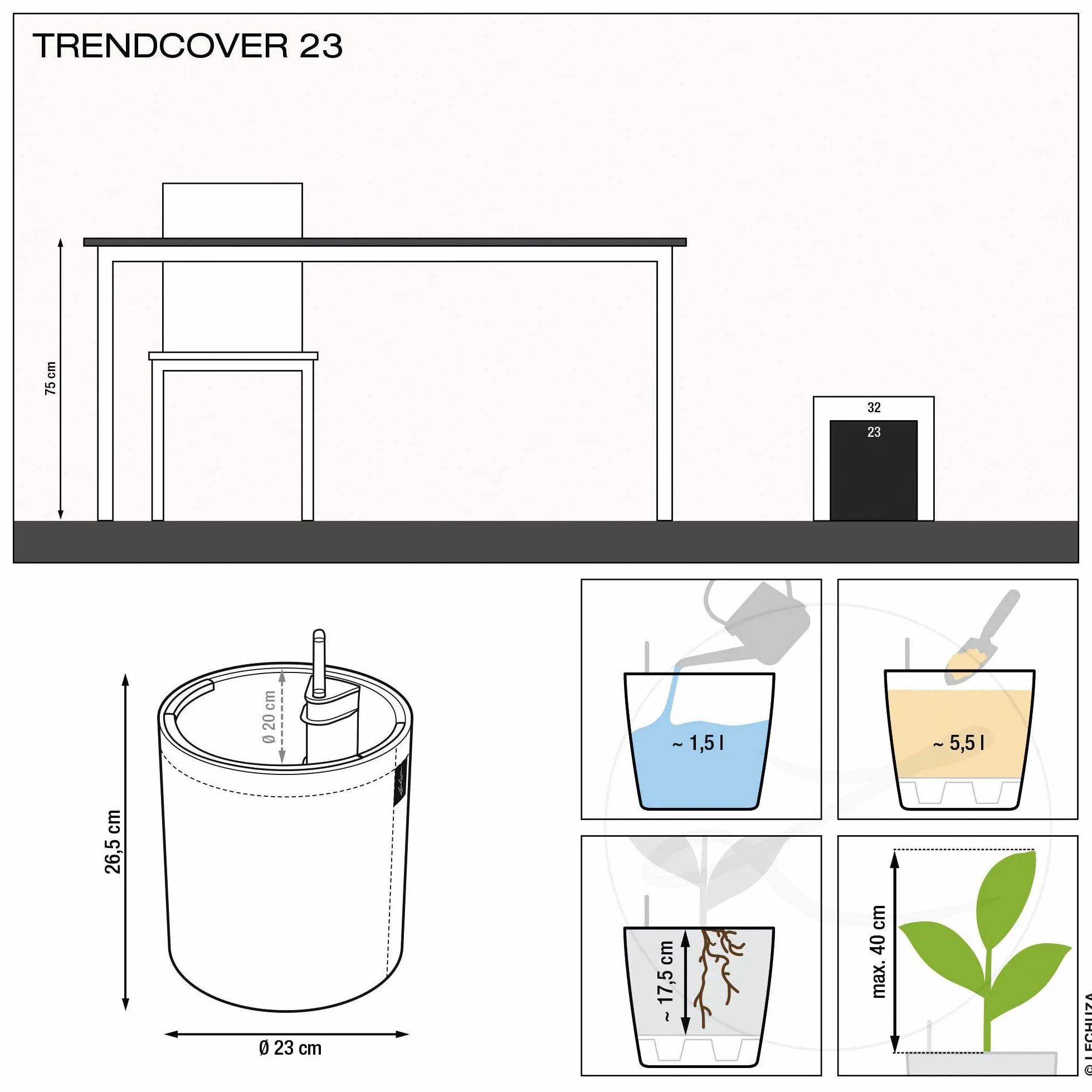 Lechuza Donica, System Nawadniania, Trendcover 23 Korek Jasny Naturalny, 14180
