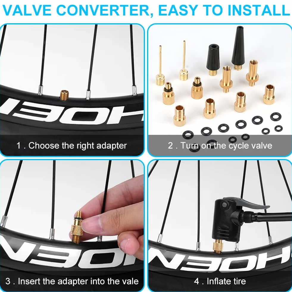 flintronic Adapter do wentyla rowerowego 21 szt., adapter do pompki rowerowej, adapter wentyla rowerowego DV/SV/AV, do sprężarki rowerowej, do pompki kulowej, do pompy powietrza
