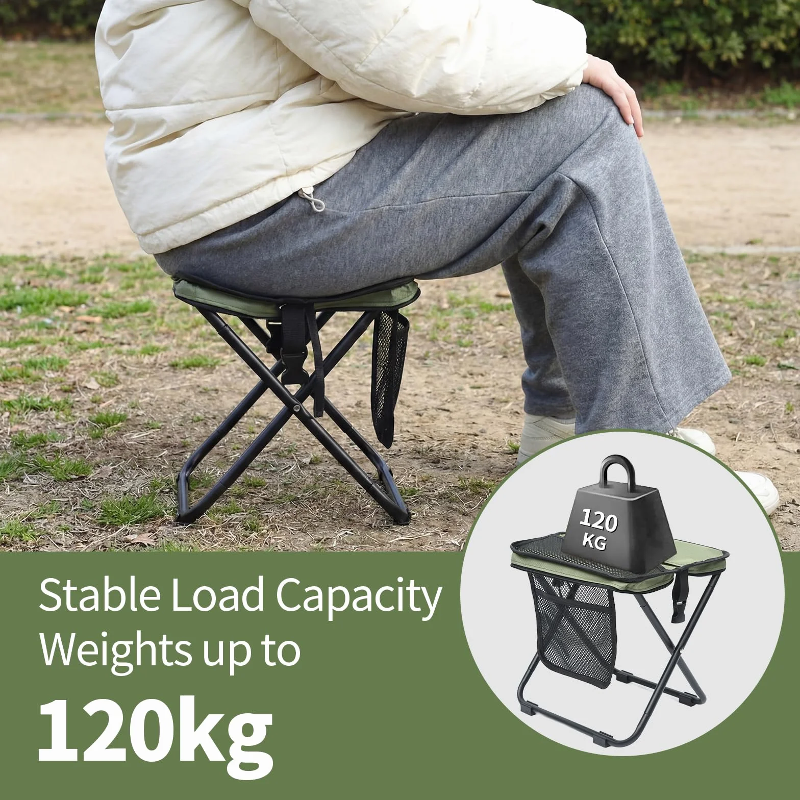 OTraki Przenośne składane krzesło 31 x 31 x 28 cm, małe składane krzesło kempingowe, obsługuje do 120 kg Przenośne krzesło składane krzesło zewnętrzne do podróży, biwakowania, wędkowania (zielony)