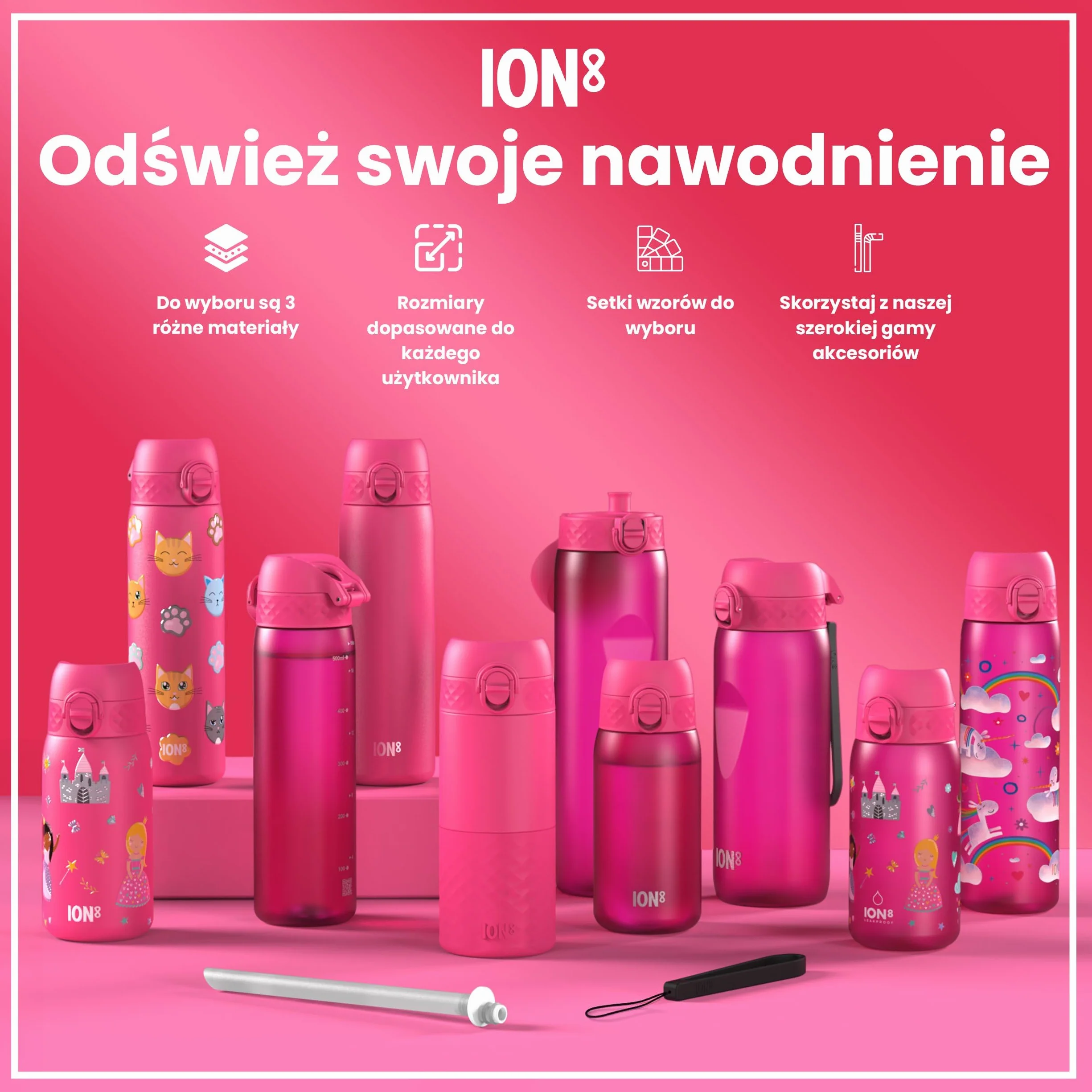 ION8 Butelka na Wodę, 750 ml/24 oz, Szczelna, Łatwe Otwieranie, Bezpieczny Zamek, Można Myć w Zmywarce, Bez BPA, Uchwyt do Przenoszenia, Chwyt z Konturami, Łatwa Czyszczenia, Bezwonny, Różowy