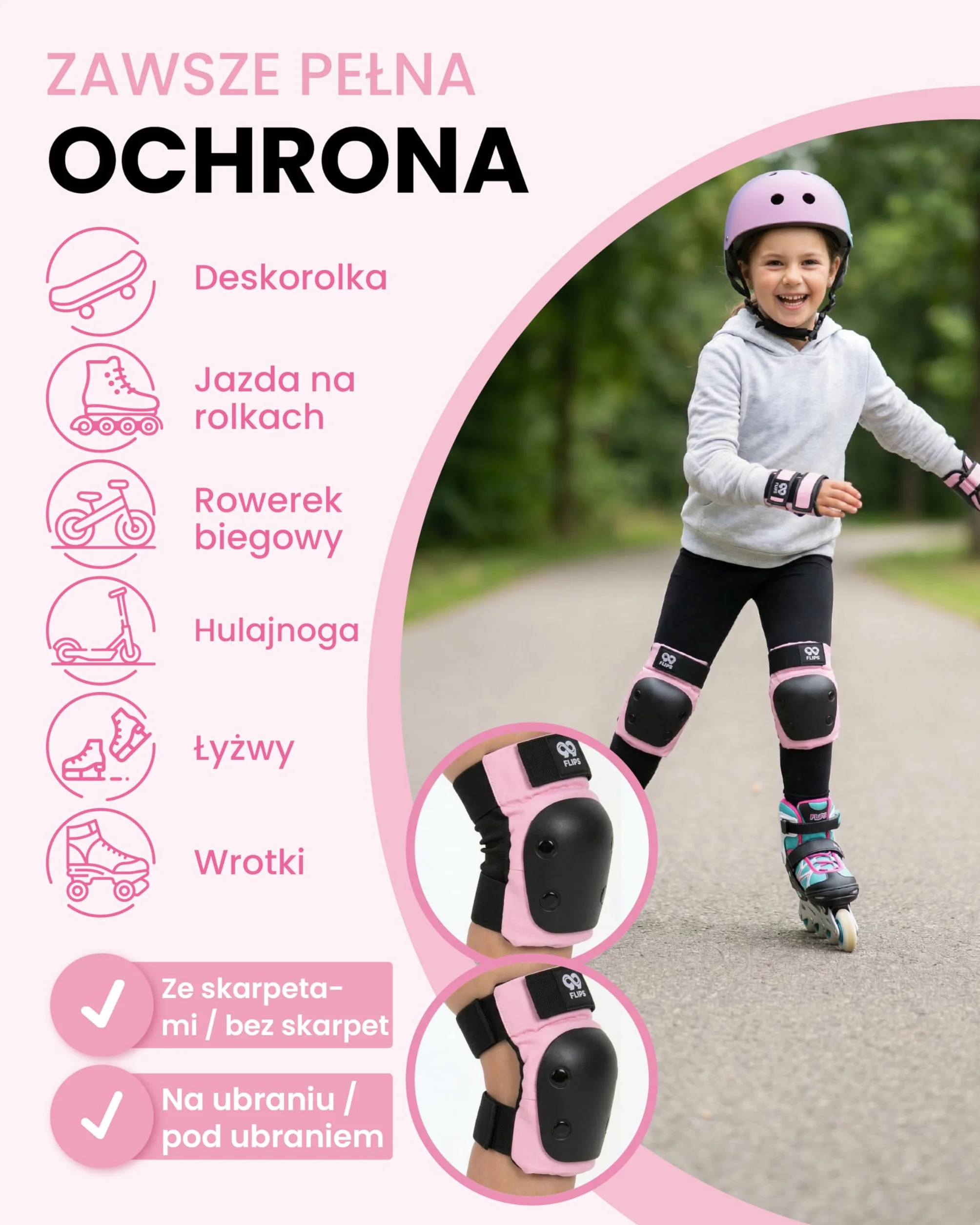 99FLIPS Nakolanniki dla Dzieci - na Deskorolkę i Rolk - Zestaw 6-częściowy - Nakolanniki, Ochraniacz Dłoni, Ochraniacze na łokcie - SLIDE - Rozmiar XS - RÓŻOWY