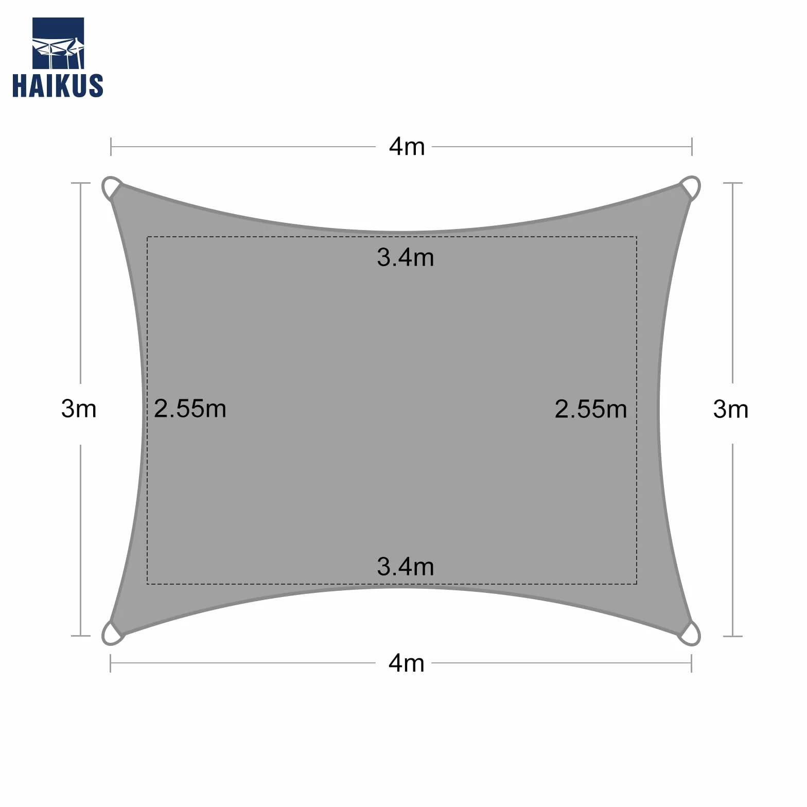 HAIKUS Prostokątny żagiel przeciwsłoneczny 3x4 m, oddychająca tkanina cieniująca HDPE (185g/㎡), prostokątna siatka druciana 4x3 m z ochroną UV na taras ogrodowy na zewnątrz, 3x4m jasnoszary