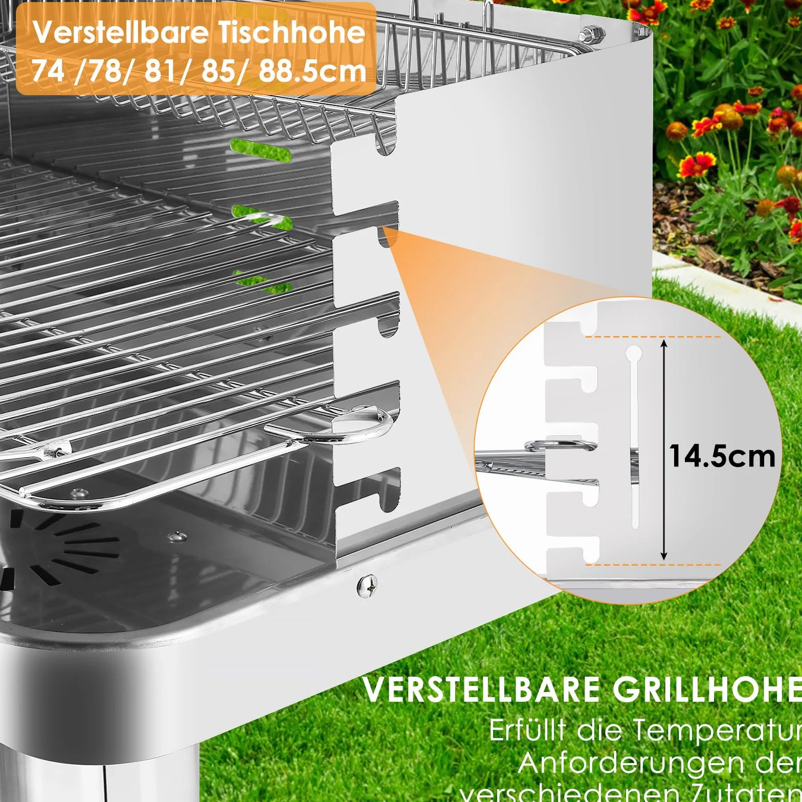 Grill na węgiel drzewny, stal nierdzewna, grill kolumnowy, grill na kemping, plażę, do ogrodu, na imprezę, z rusztem do grillowania z 5-stopniową regulacją wysokości, kosz do przechowywania, pojemnik