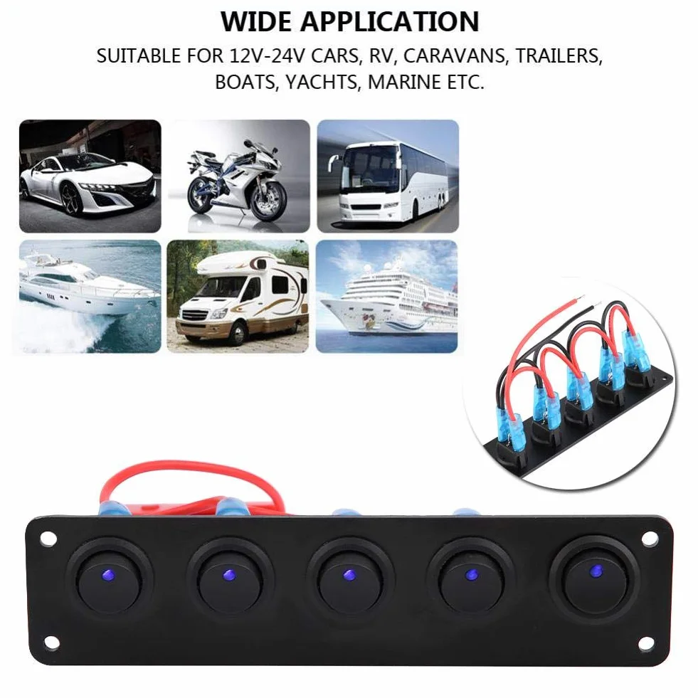 Keenso Panel przełącznika kołyskowego 12 V / 24 V, wodoodporny, 5 Gwintowany okrągły przełącznik Dash Blue LED do kampera, łodzi, jachtu morskiego, 12 V, gniazdko elektryczne
