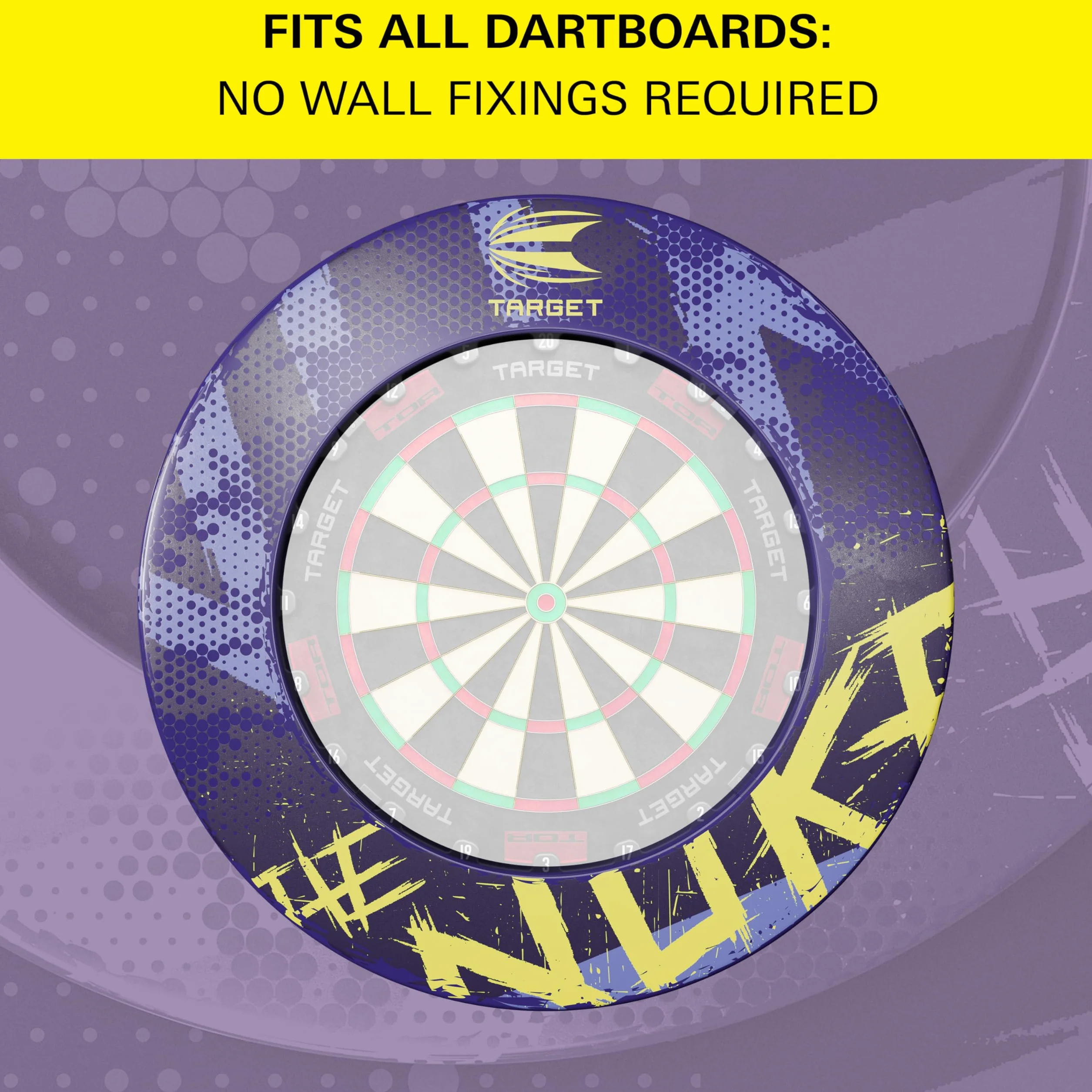 Target Darts Luke Littler Dartboard Surround | The Nuke Dart Board Protector Ring, kompatybilny ze wszystkimi tarczami do rzutek ze stalowymi końcówkami, fioletowo-żółte tarcze do rzutek, łatwe
