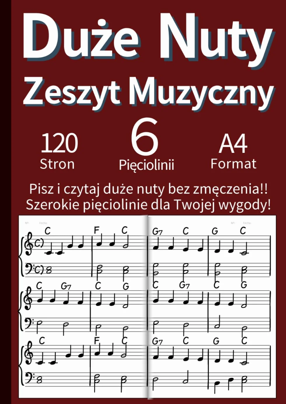 Duże Nuty Zeszyt Muzyczny: Szerokie, Ciągłe Pięciolinie na Podwójnej Stronie | Idealny dla Dzieci, Początkujących i Seniorów | Do Nauki Gry na Pianinie i Kompozycji | A4 (Bordowy)