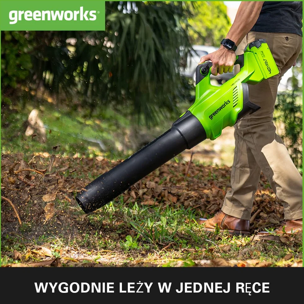 Greenworks GD40AB Akumulatorowa dmuchawa do liści z tempomatem, silnik bezszczotkowy, 210 km na godzinę, 15,6 m³ na min, funkcja turbo, bez baterii 40 V i ładowarki