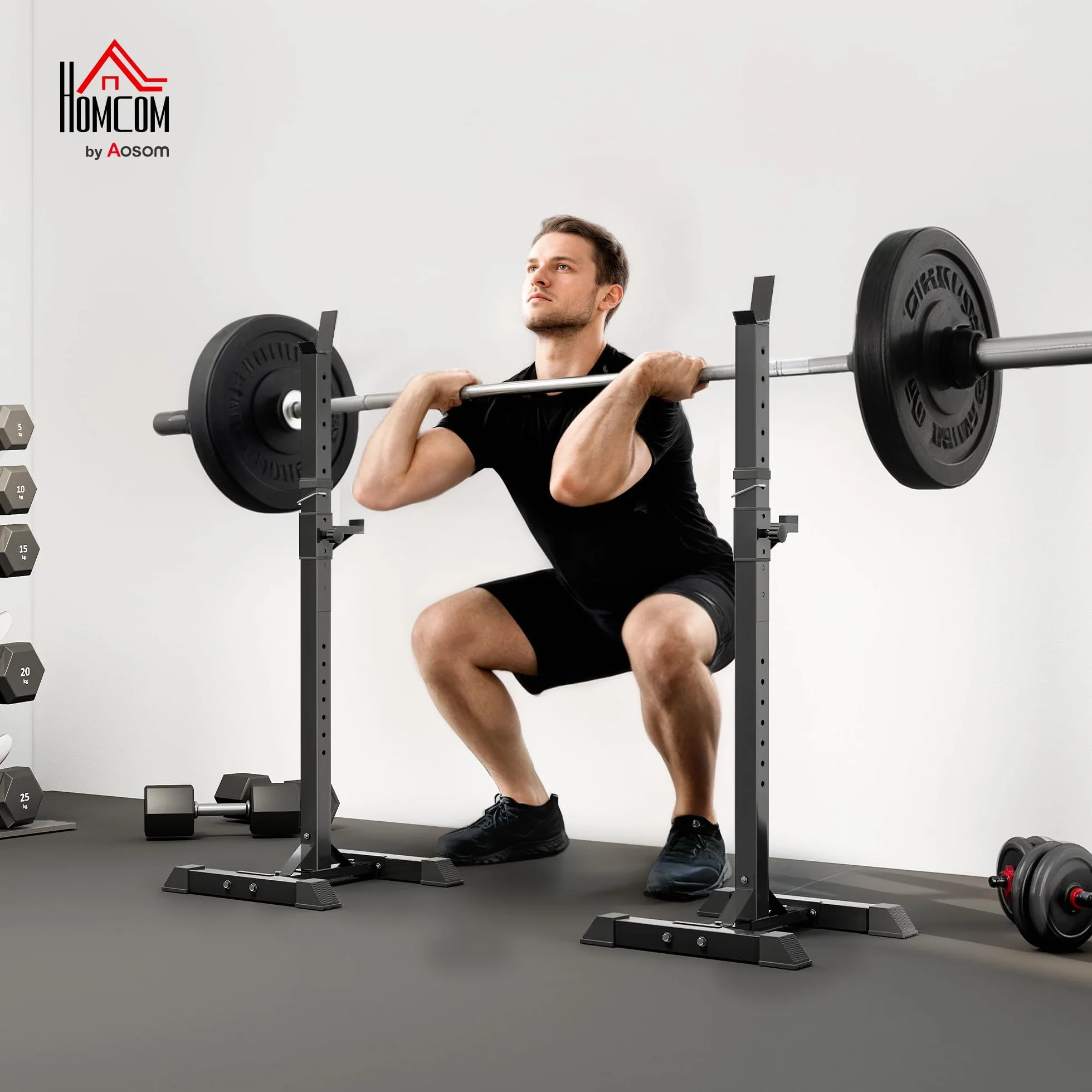 HOMCOM Stojak na hantle, zestaw 2 szt., stojak na długie hantle z regulacją wysokości, sztanga długa z gumowymi nakładkami, 105-160 cm, trening siłowy, do 150 kg, stal
