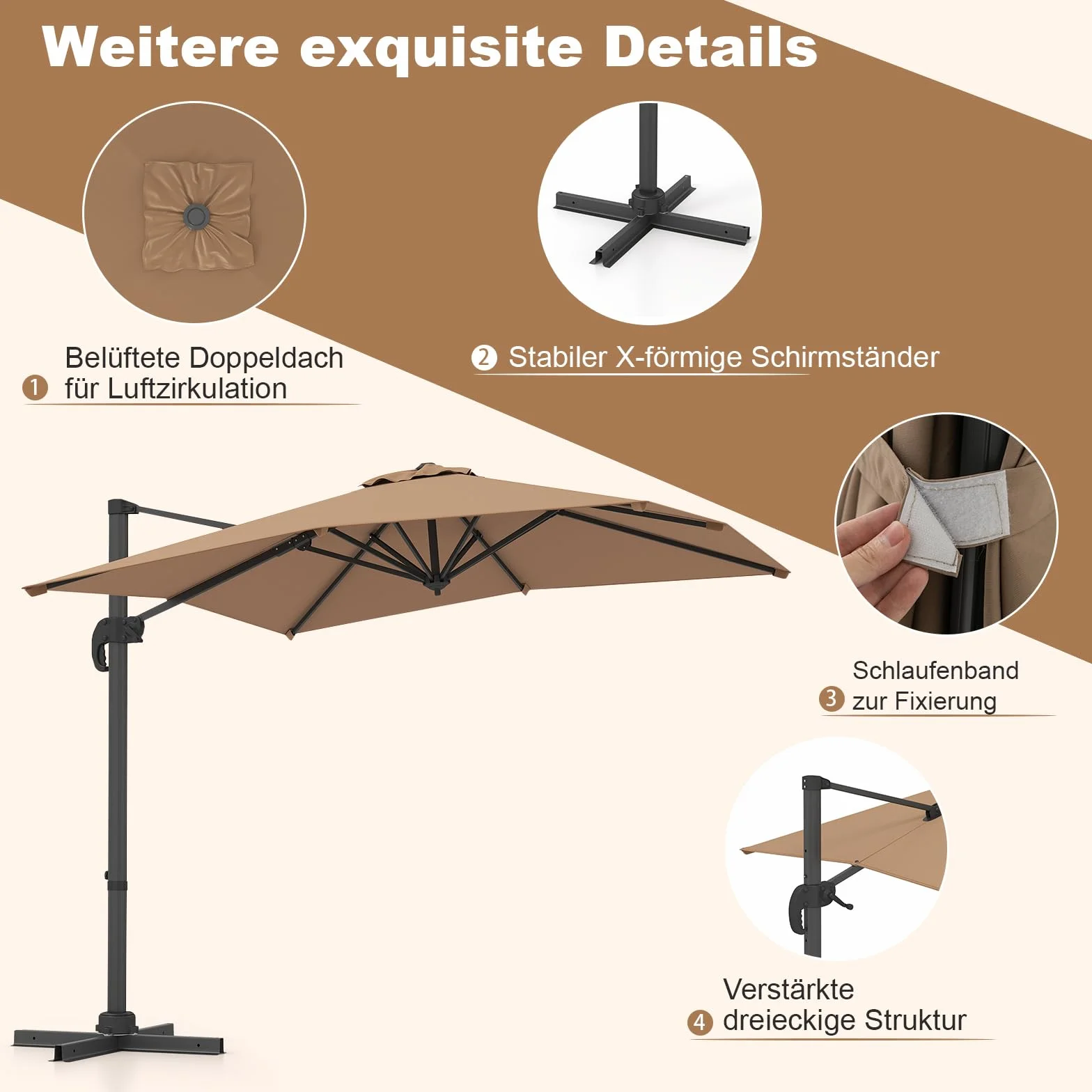 COSTWAY Parasol przeciwsłoneczny, prostokątny, 250 x 250 cm, duży parasol przeciwsłoneczny z korbą, parasol ogrodowy, odchylany o 360°, parasol tarasowy, do ogrodu, na taras, balkon (brązowy)