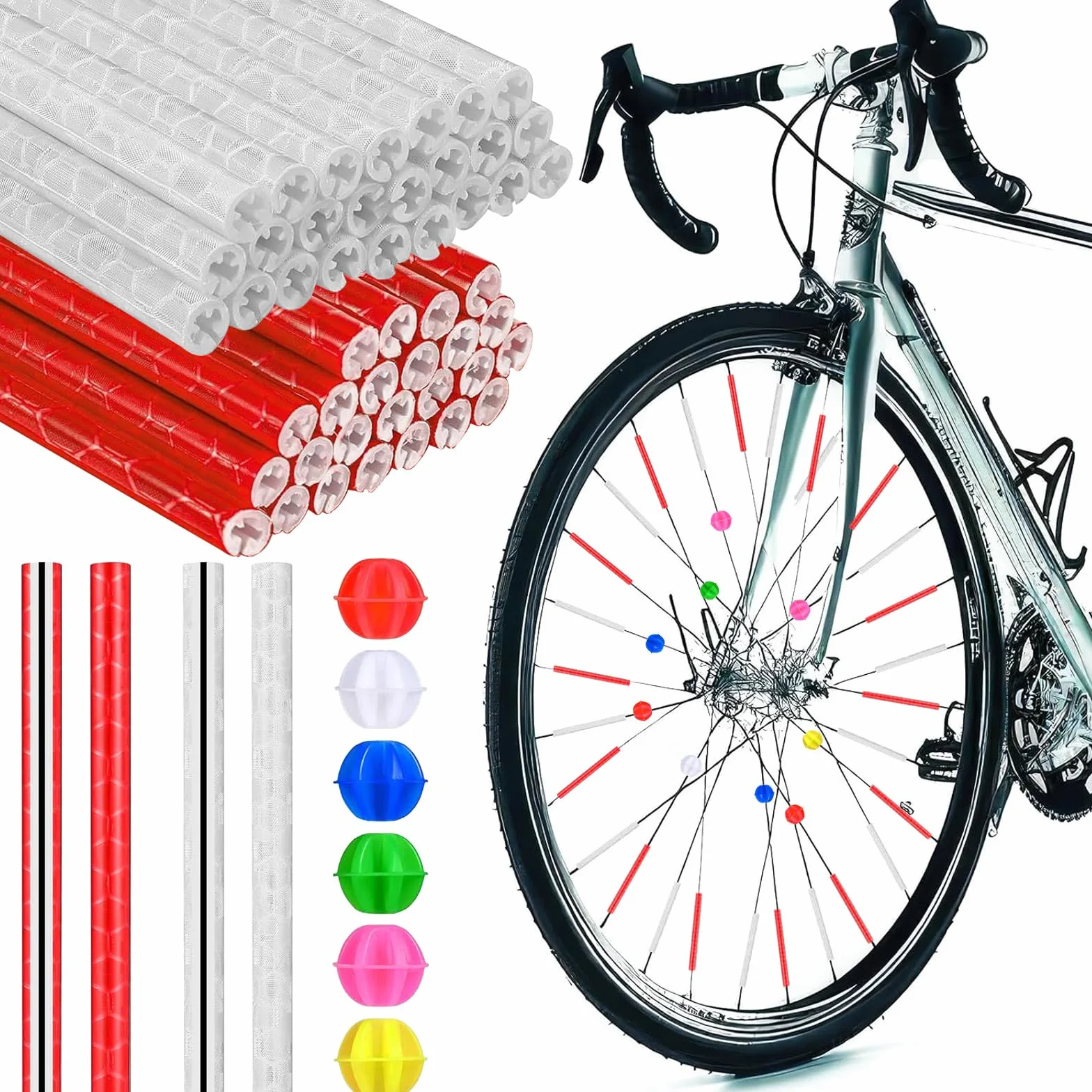 Odblaski na szprychy rowerowe 48 sztuk, koraliki 36 sztuk, 360°, kocie oczy, akcesoria rowerowe