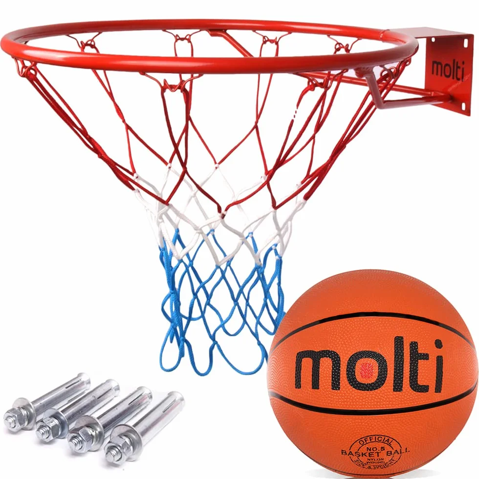 molti HangRing zestaw kółek do koszykówki, Ø 45 cm, Ø 37 cm, z piłką, koszem do koszykówki, siatką do koszykówki i śrubami mocującymi, gra w koszykówkę, sport zespołowy do użytku wewnątrz i