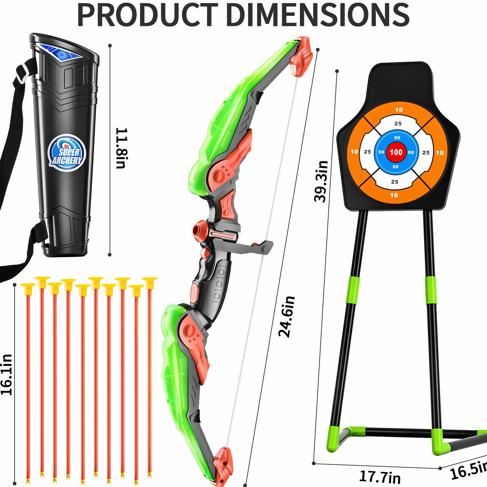 TEMI Bow and Arrow Set for Kids with LED Lights-Archery Set with 10 Suction Cup Arrows, Quivers & Standing Target, Outdoor Toys for Kids Boys & Girls Ages 3-12 Years Old