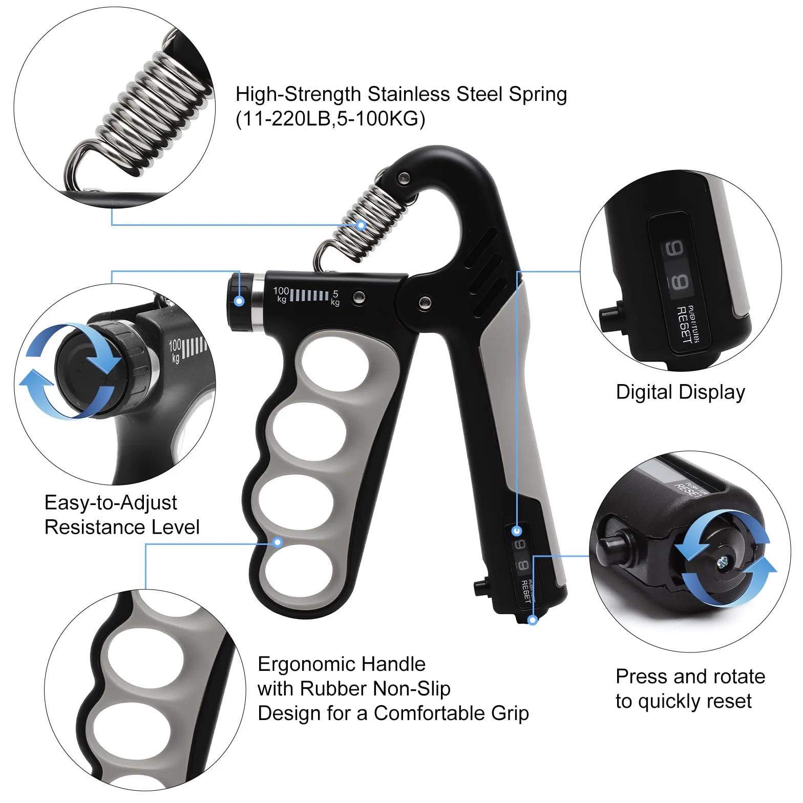 Regulowany Grip Trainer Handgripper 5-100 kg z Elektronicznym Licznikiem, Ergonomiczny Trener Siły Chwytu