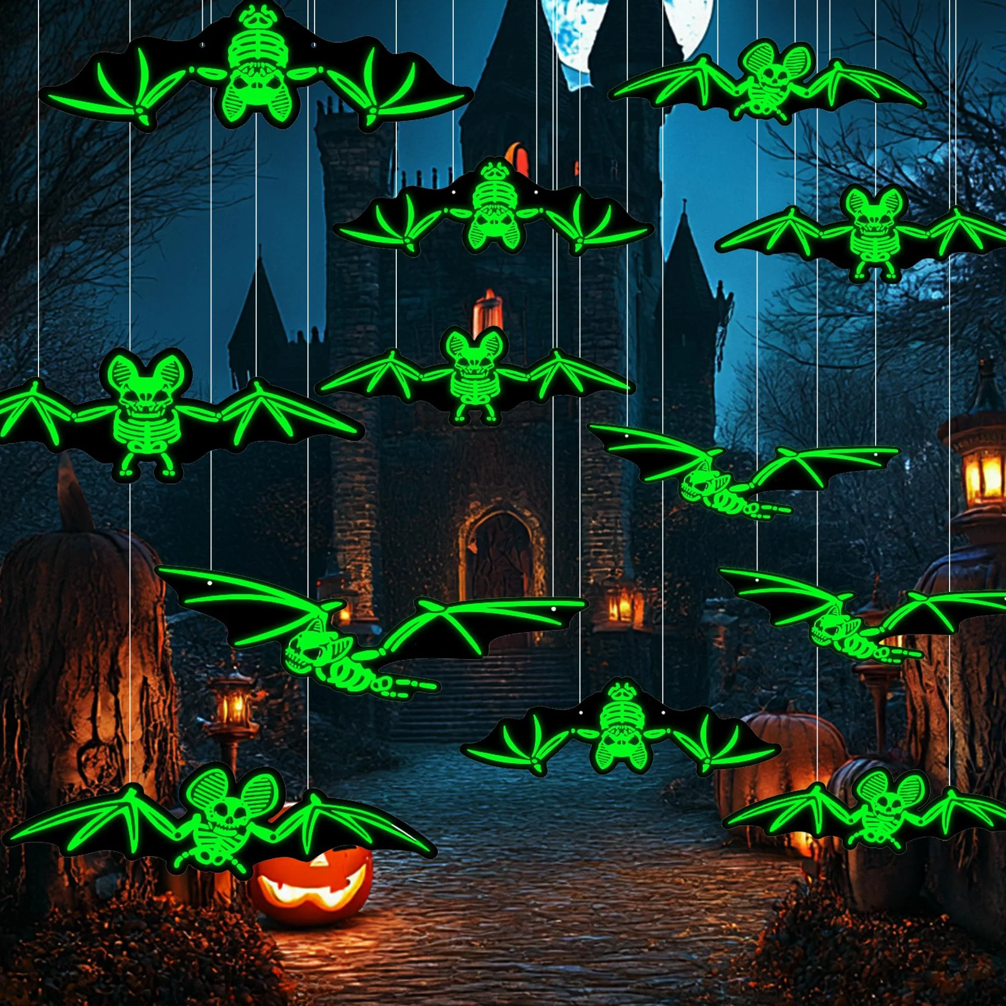 Dekoracja na Halloween, zestaw zewnętrznych dekoracji, 12 sztuk, świecący nietoperz, naklejki ścienne, wodoodpornie, PCW, horror