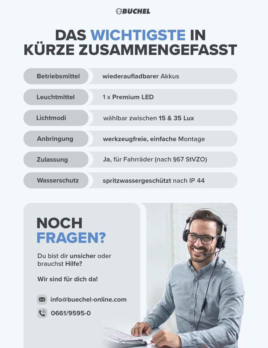 Büchel Ahead światło przednie I 35/15 luksów, dokładnie na środku kierownicy, dopuszczone do ruchu drogowego i odporne na deszcz oświetlenie LED do roweru, przednie światło, czarne