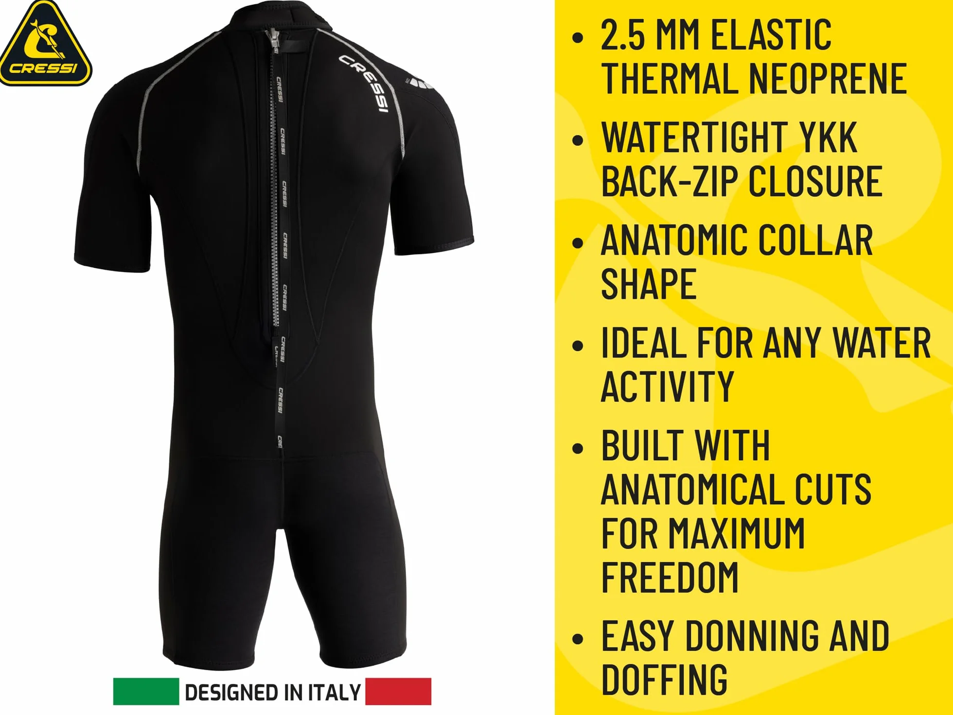 CRESSI Baula Man Shorty Wetsuit 2.5mm L Black/Yellow Double-lined Neoprene for Diving Snorkelling