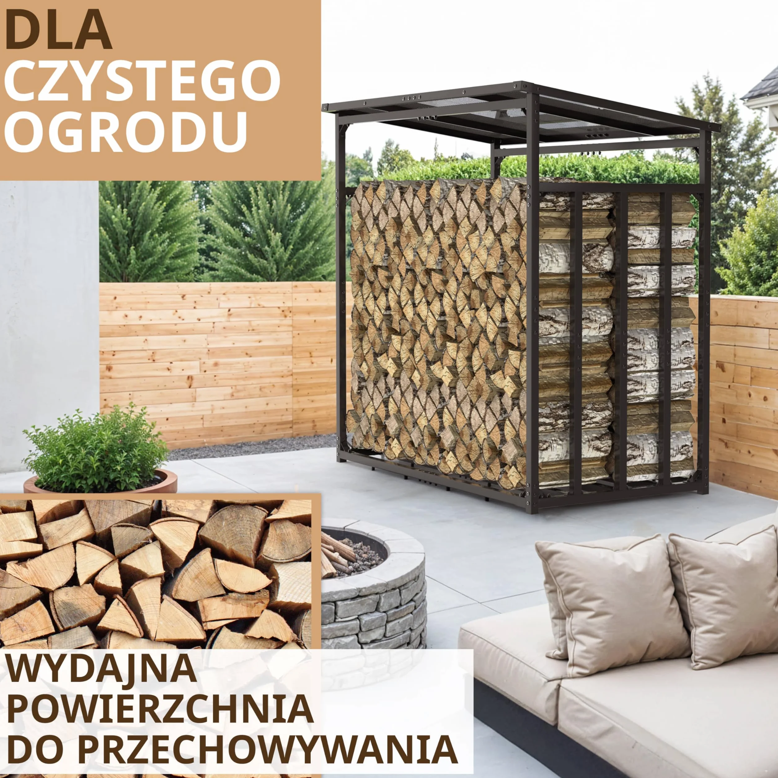 Stojak regał na drewno kominkowe 185x105x185 cm metalowy ocynkowany zadaszony z plandeką antracytowy 1 m głębokości odporny na rdzę 3,5 t 5,25 m³