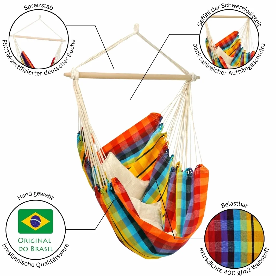 AMAZONAS - XL fotel wiszący Brasil | fotel wiszący bez ramy z dużą powierzchnią do siedzenia, wykonany ręcznie w Brazylii | obciążenie do 150 kg; powierzchnia siedziska 1,6 m x 1,3 m; długość pręta