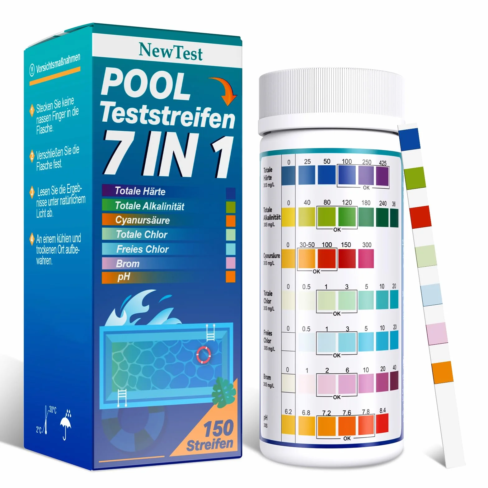Paski testowe do basenu 7-w-1 – 150 sztuk – Test pH, Wolny chlor, Alkaliczność, Brom, Twardość ogólna, Kwas cyjanurowy, Chlor całkowity