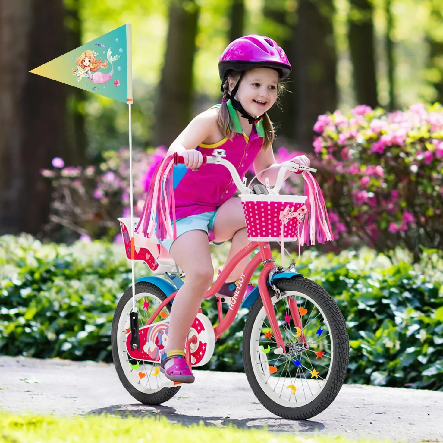 YYSWSAKY Akcesoria rowerowe dla dzieci, 3 bezpieczne flagi rowerowe dla dzieci z uchwytem mocującym, 36 kolorowych odblasków na szprychy, rower dla dzieci, 1 para różowych frędzli na kierownicę