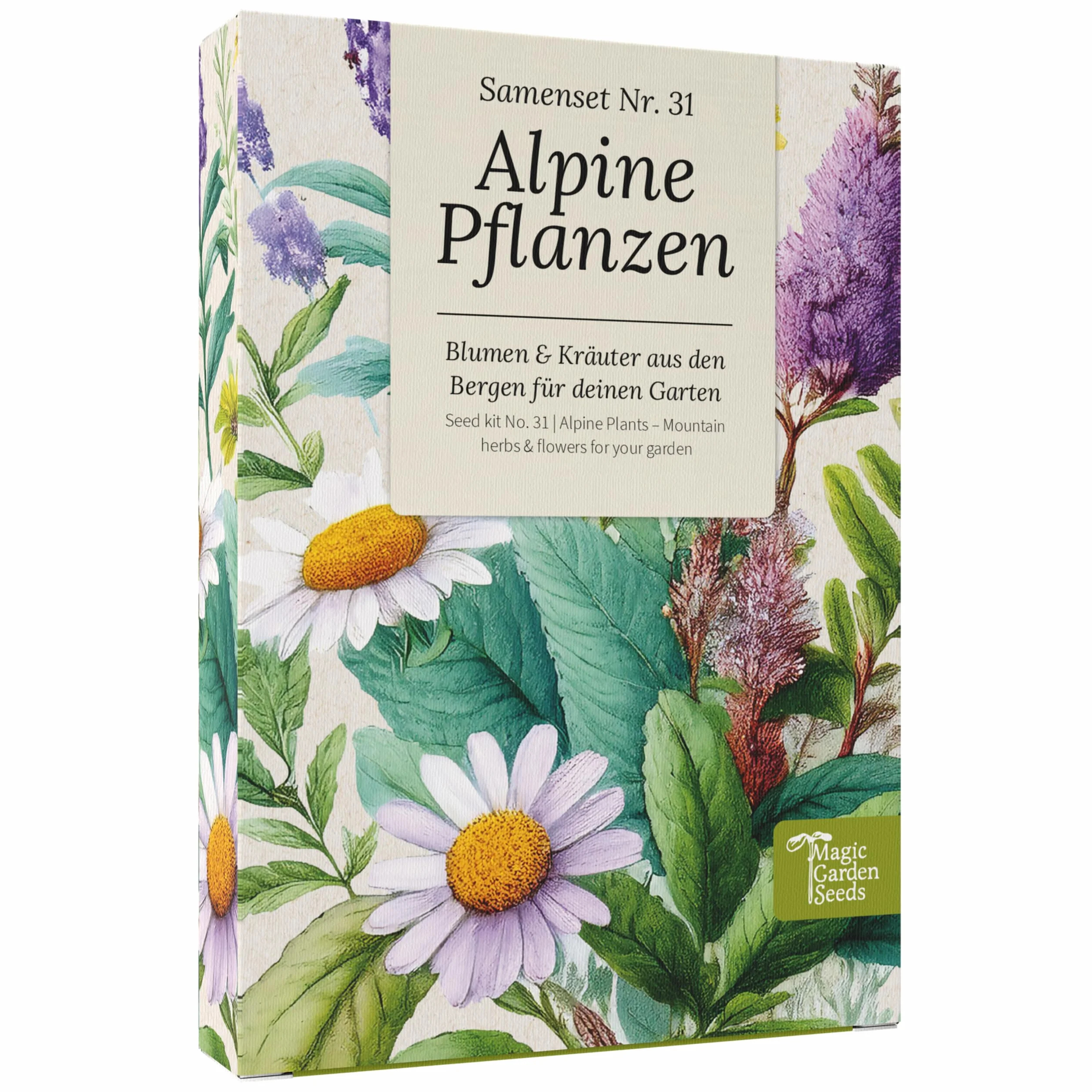 Magic Garden Seeds - Pudełko z nasionami roślin alpejskich z 9 odmianami - dzikie kwiaty i zioła z gór: głodek, jastrzębiec, arnika, rozmaryn, lucerna i inne - odporne i kochające słońce