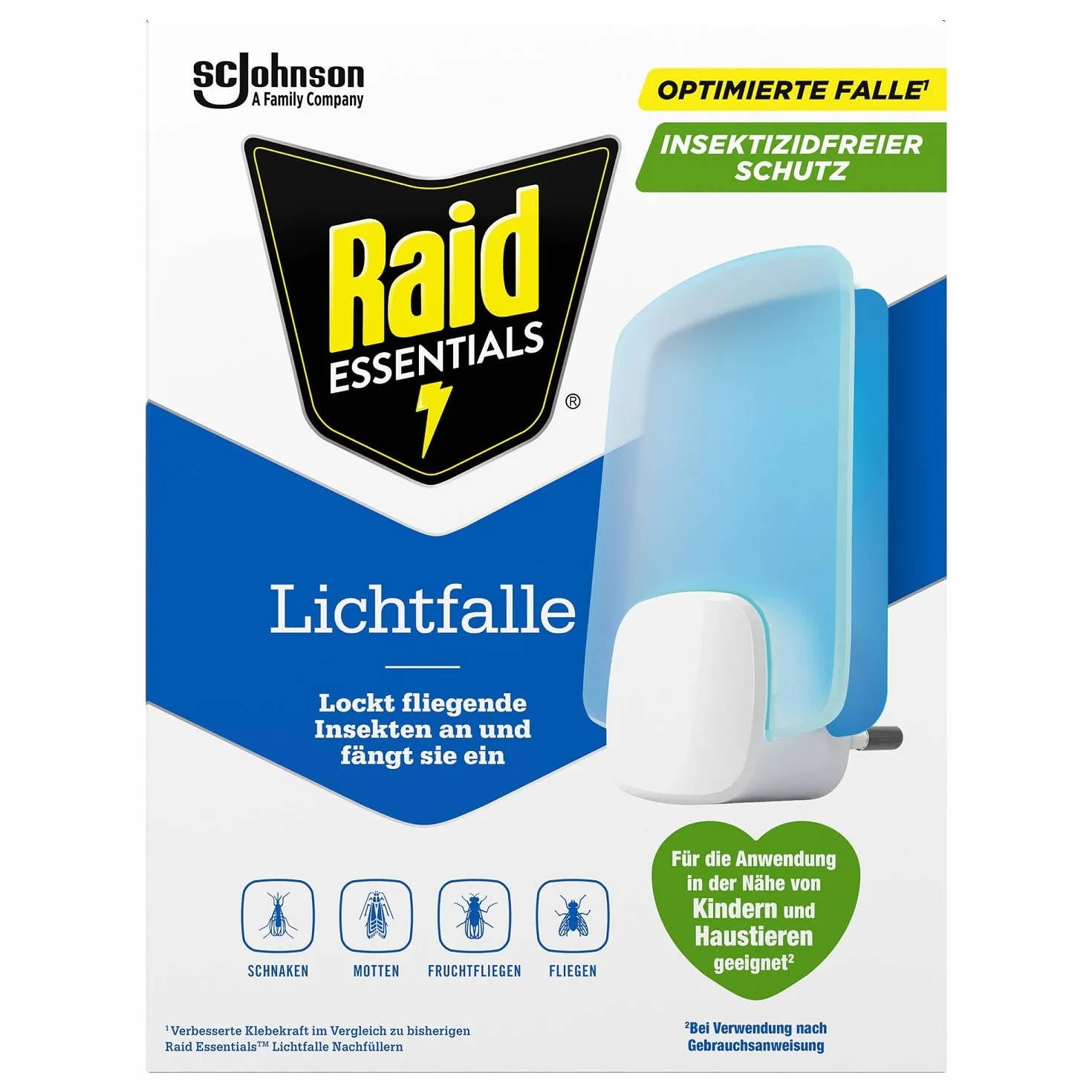 Raid Essentials pułapka świetlna LED na muchy, muszki owocówki i mole, ochrona 24/7, bez insektycydów, przyjazna dla rodziny, bezzapachowa i bez pozostałości, do użytku w pomieszczeniach, 1 pułapka