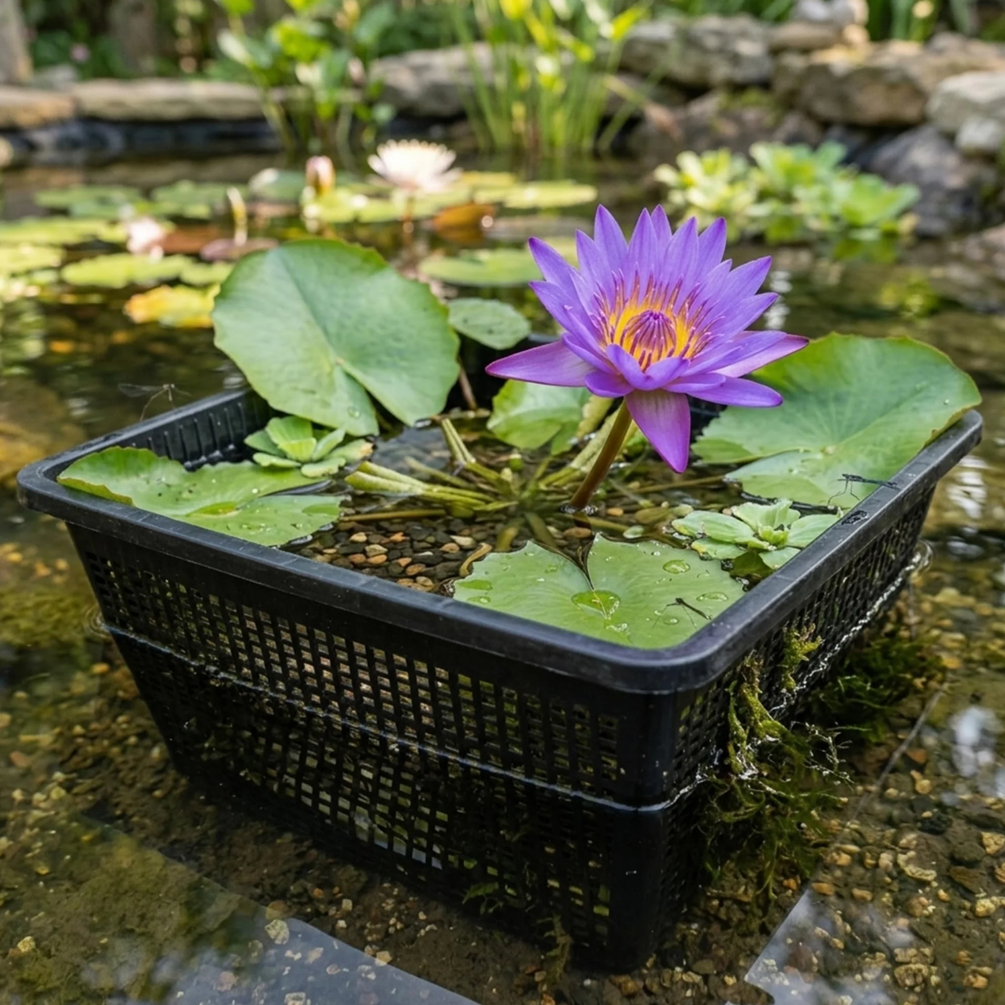 HAPPET Koszyk do roślin wodnych stawowy 19×19 cm kwadratowy – czarny, trwała donica do oczek wodnych, zapobiega wypłukiwaniu podłoża
