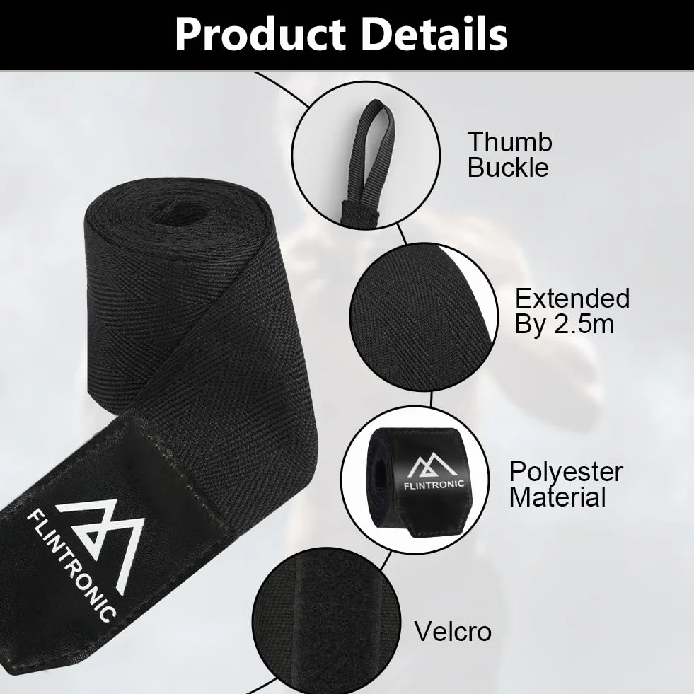 flintronic Rękawice wewnętrzne, bandaże do sztuk walki, 2,5 m, elastyczne bandaże na kciuk, do MMA, treningu, muay thai, kickboxingu i sportów walki, czarne